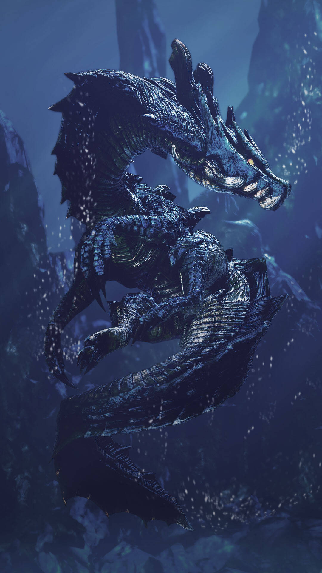 Monster Hunter Phone, dark blue scaled dragon, glowing eyes, Full HD Phone Wallpaper