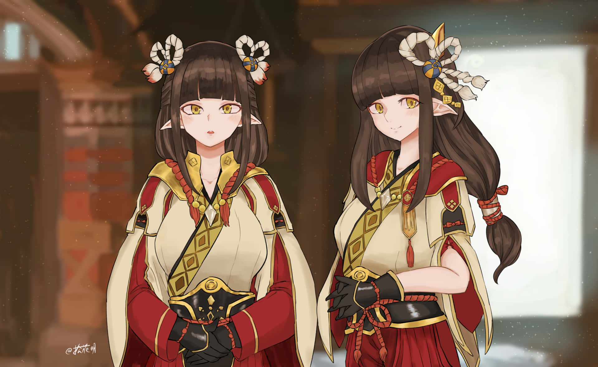 Monster Hunter Rise, anime-style elf girls, red and cream traditional outfits, Full HD Desktop Wallpaper