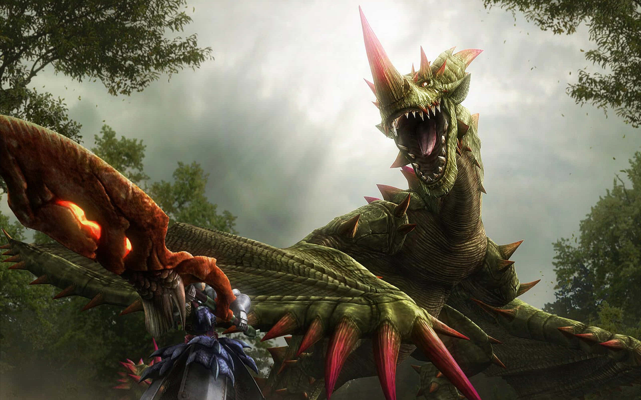 Monster Hunter Rise, green dragon, red spikes, 2K Desktop Wallpaper