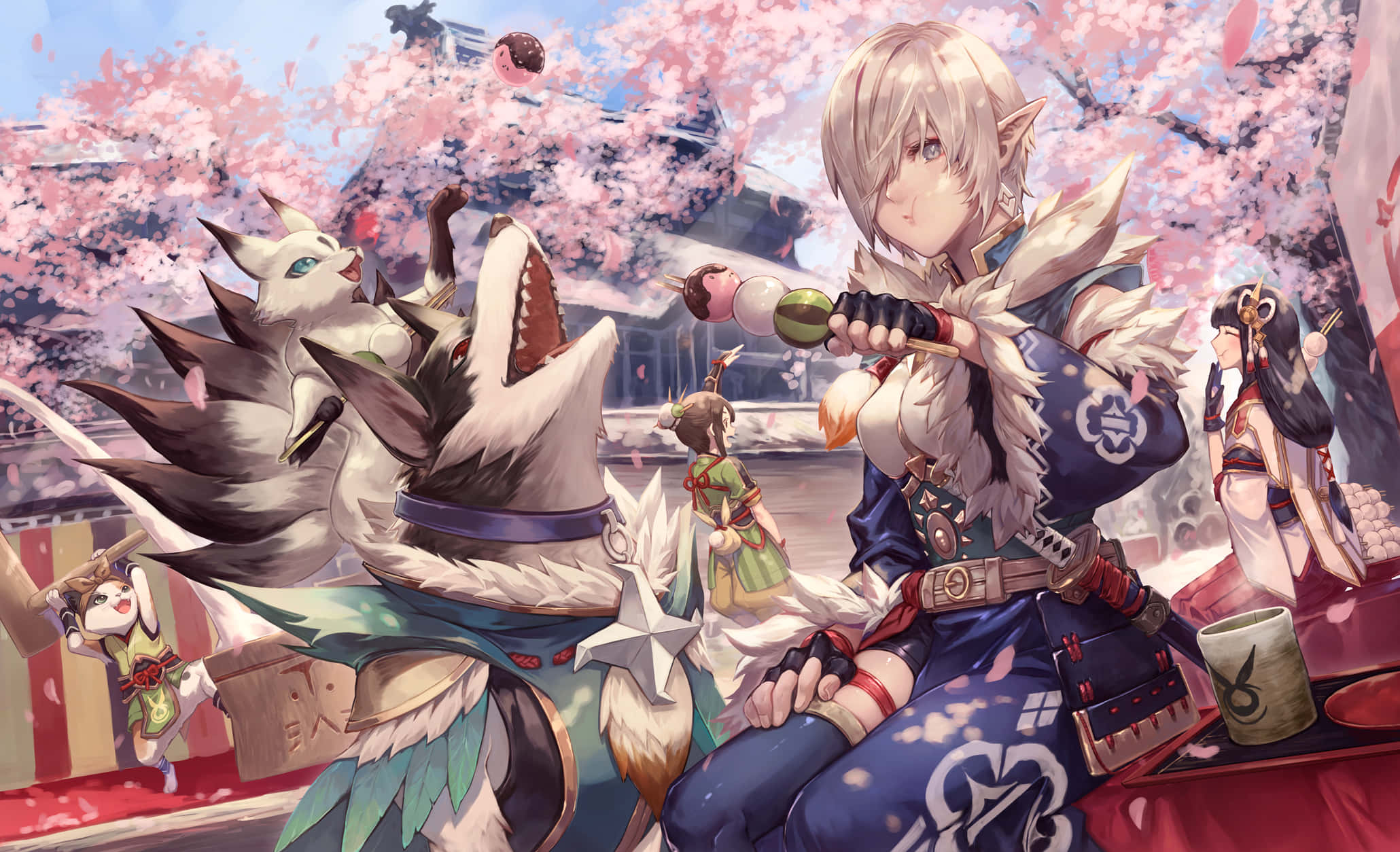 Monster Hunter Rise, white hair, elf ears, Full HD Desktop Wallpaper