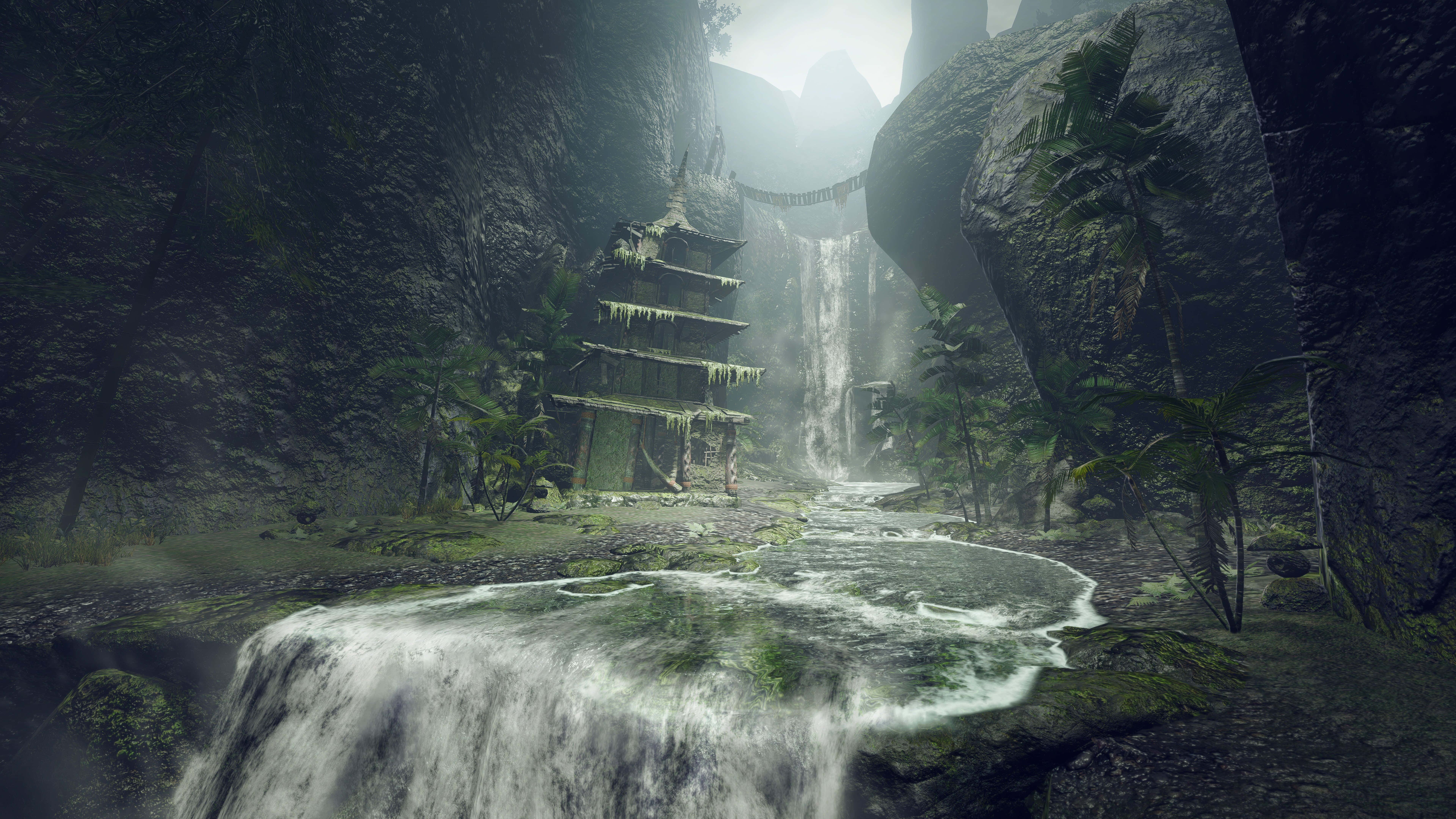 Monster Hunter Rise, misty jungle, waterfall, 8K Desktop Wallpaper