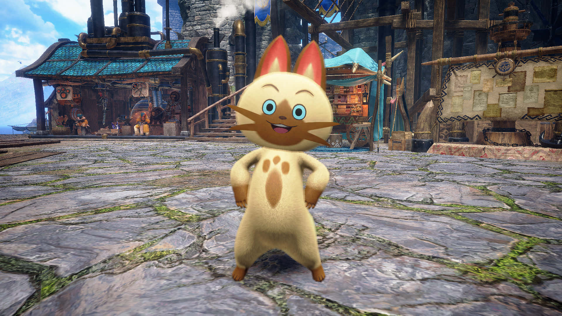 Monster Hunter Rise, smiling cat, cream-colored, Full HD Desktop Wallpaper