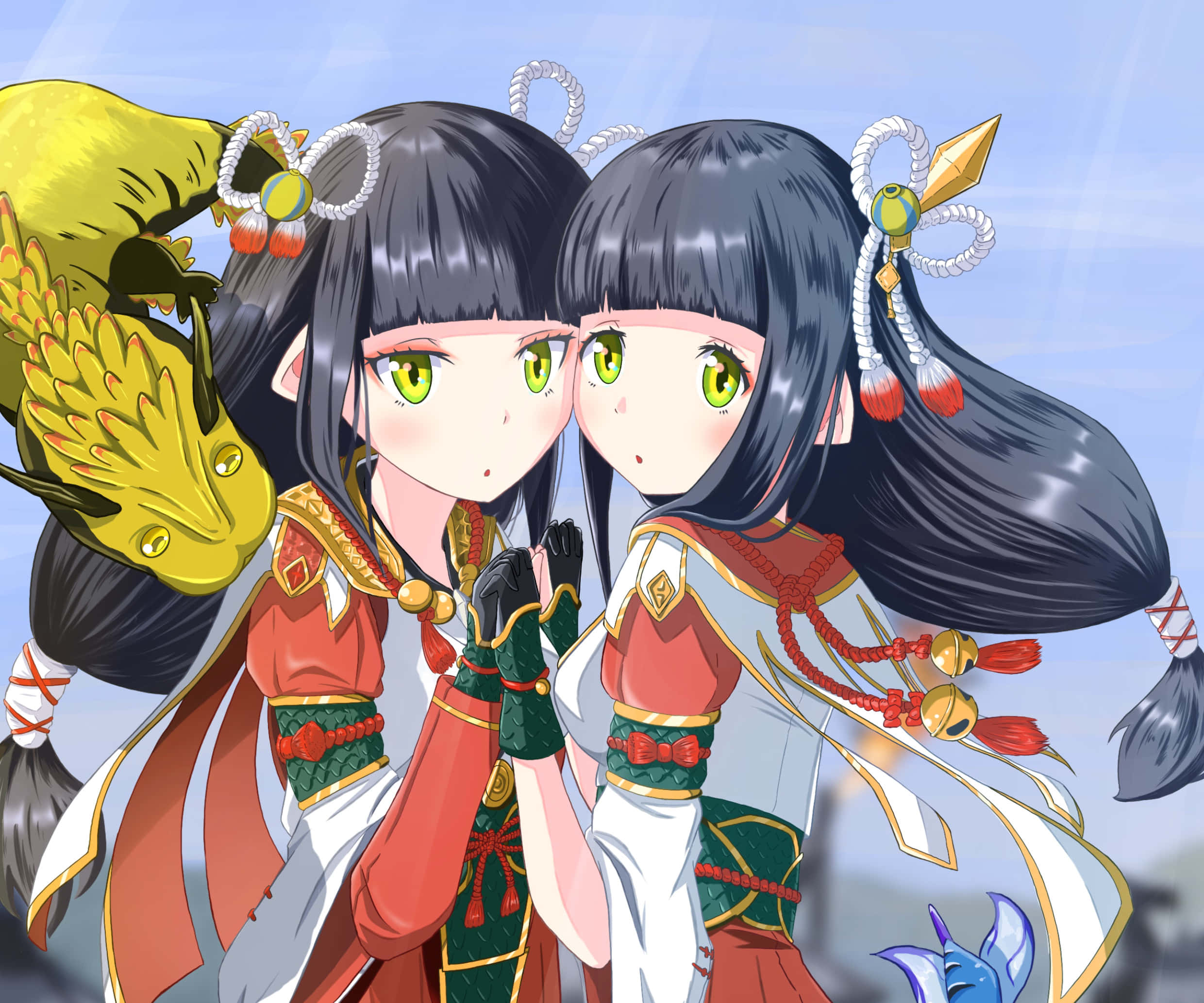 Monster Hunter Rise, twin characters, black hair, Full HD Desktop Wallpaper