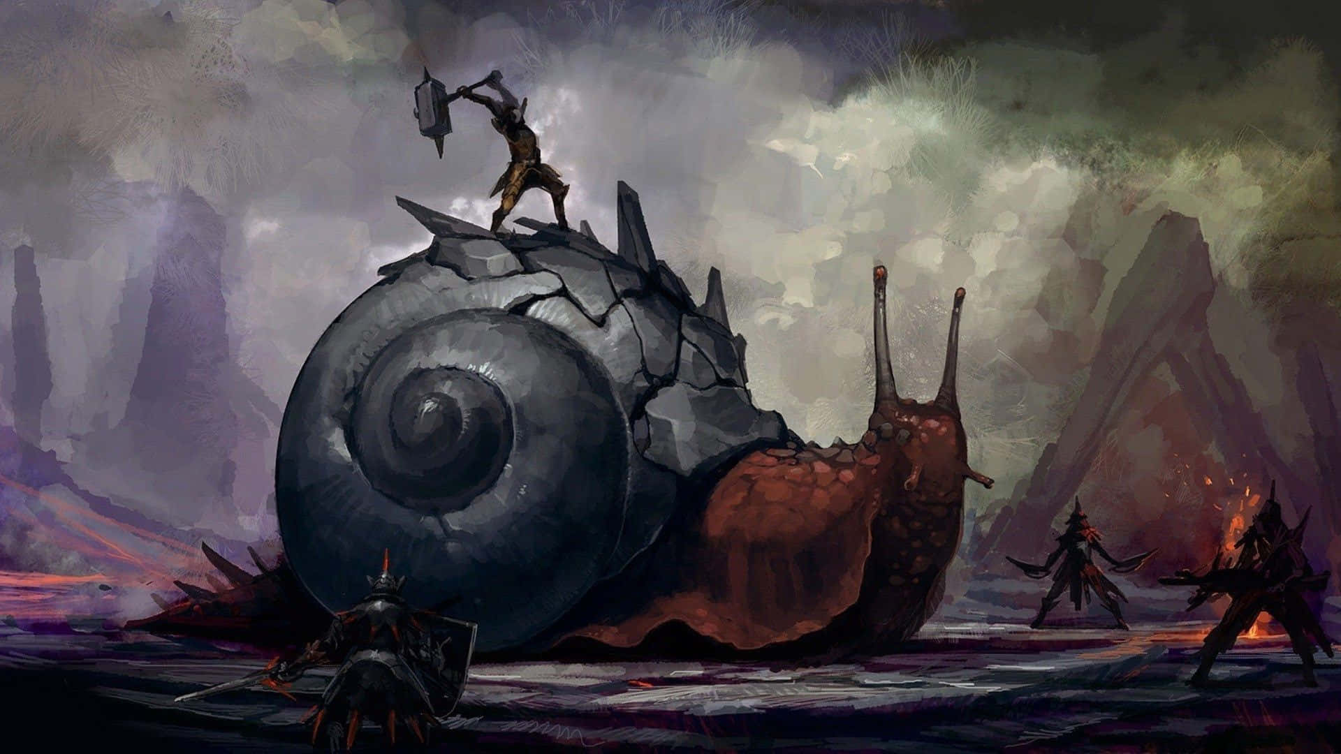 Monster Hunter Rise, colossal armored snail, stormy mountainous landscape, Full HD Desktop Wallpaper