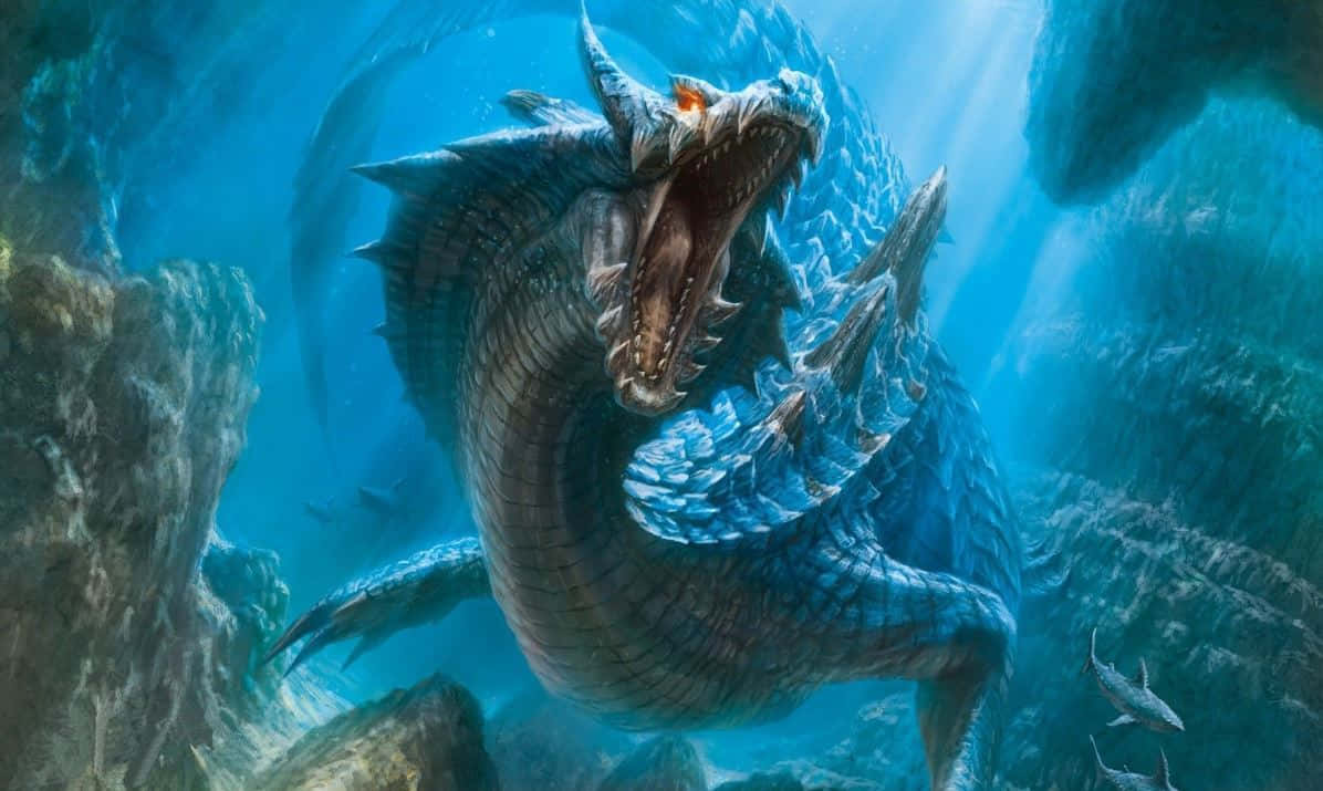 Monster Hunter, blue-scaled sea dragon, glowing eyes, SD Desktop Wallpaper
