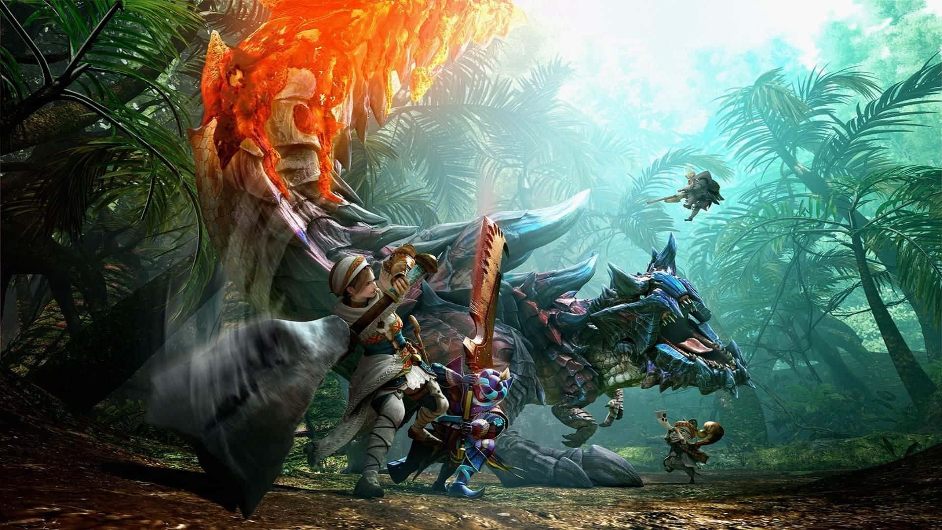 Monster Hunter, fiery monster, lush jungle, Full HD Desktop Wallpaper