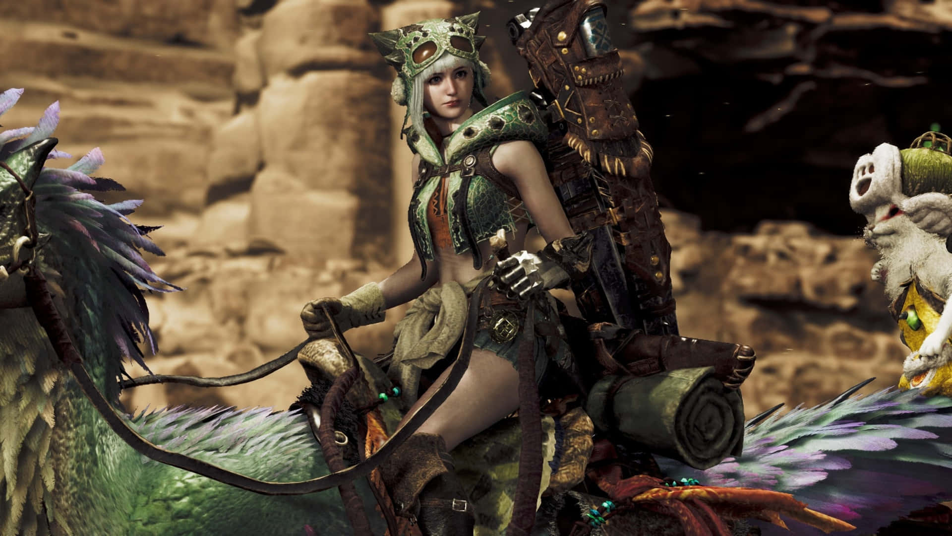 Monster Hunter Wilds, armored warrior, vibrant green and purple scaled creature, Full HD Desktop Wallpaper