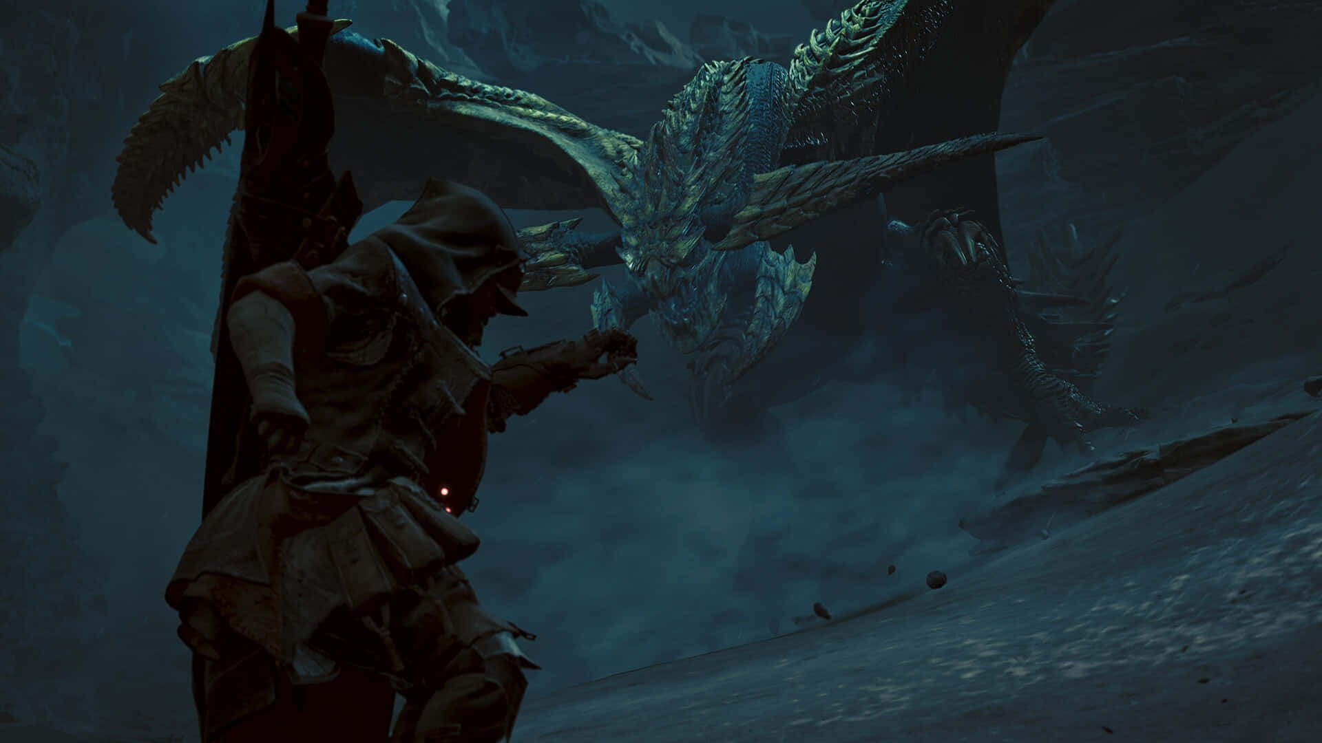 Monster Hunter Wilds, hooded warrior, dark armor, Full HD Desktop Wallpaper