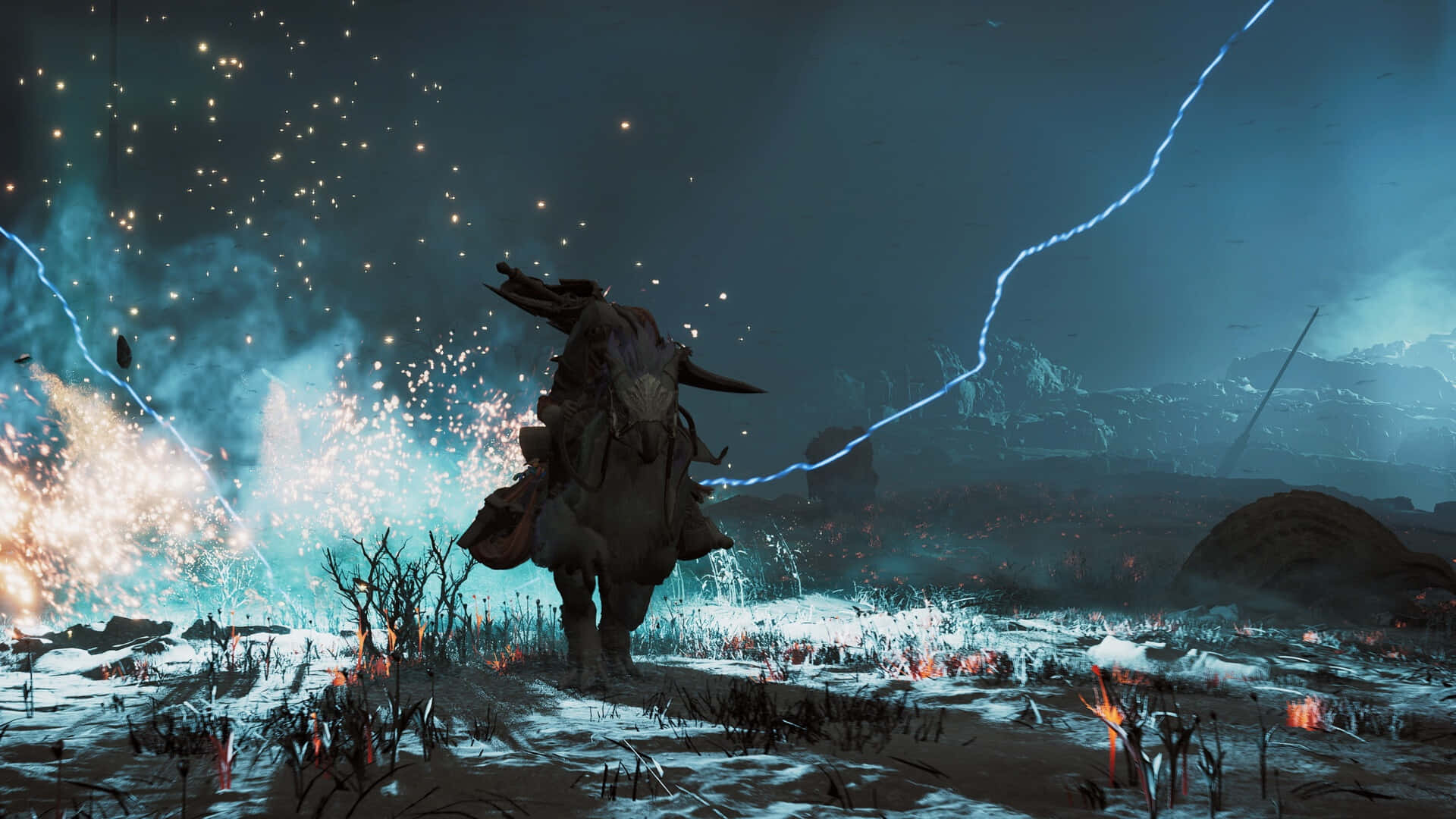 Monster Hunter Wilds, thunderstorm battle, armored warrior, Full HD Desktop Wallpaper