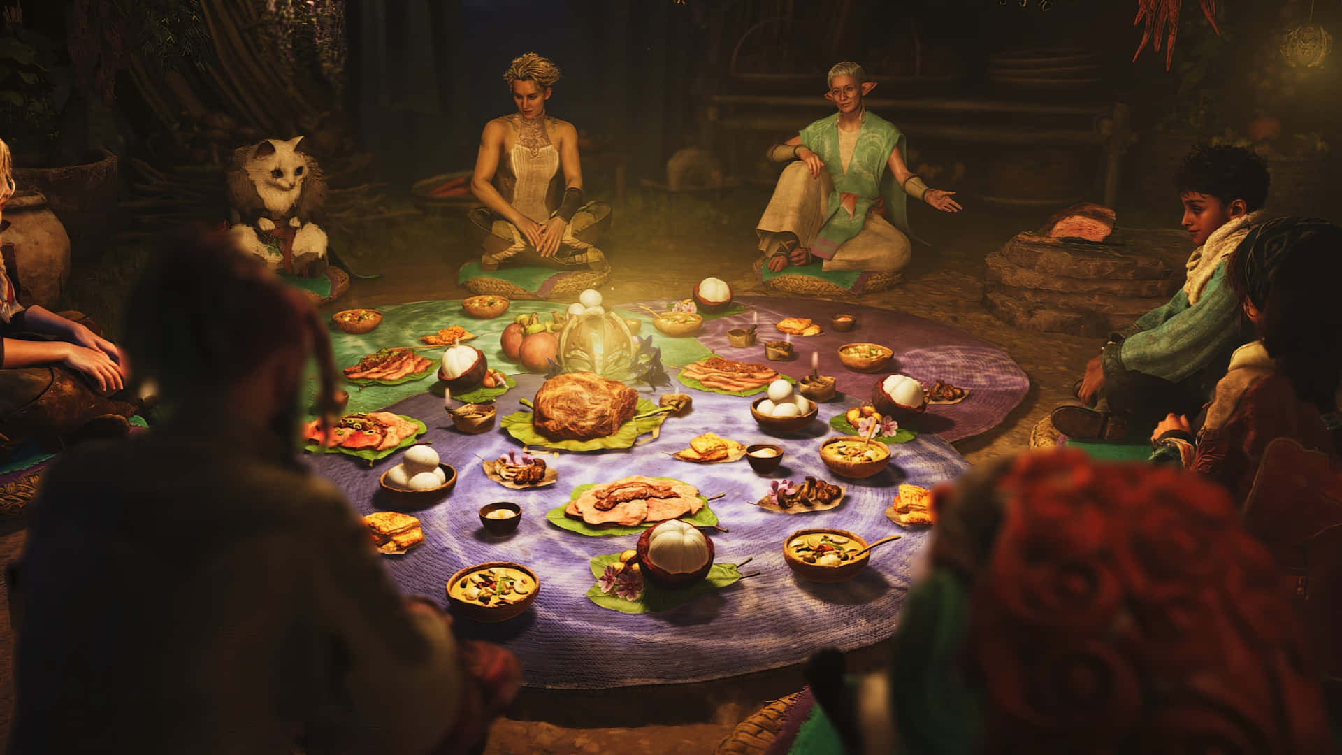 Monster Hunter Wilds, camp feast, purple cloth, Full HD Desktop Wallpaper