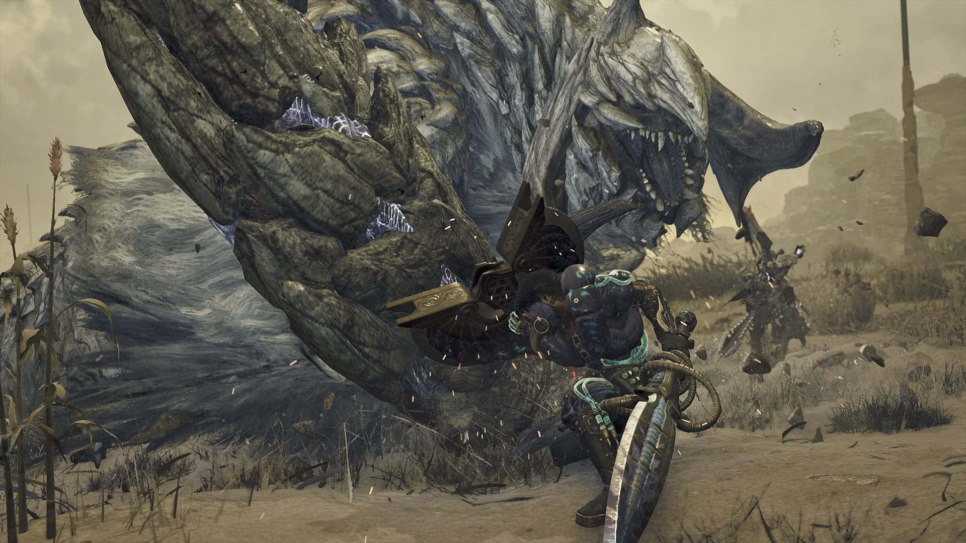 Monster Hunter Wilds, epic wyvern battle, warrior in ornate armor, Full HD Desktop Wallpaper