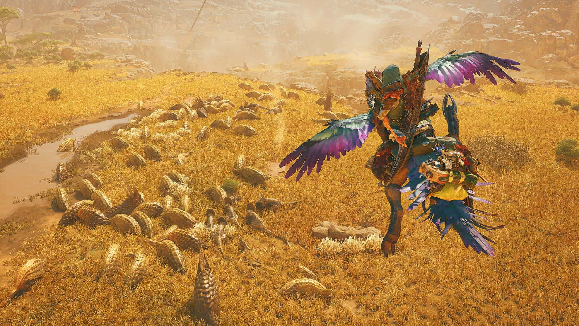 Monster Hunter Wilds, vibrant purple and blue wings, golden grassy field, Full HD Desktop Wallpaper