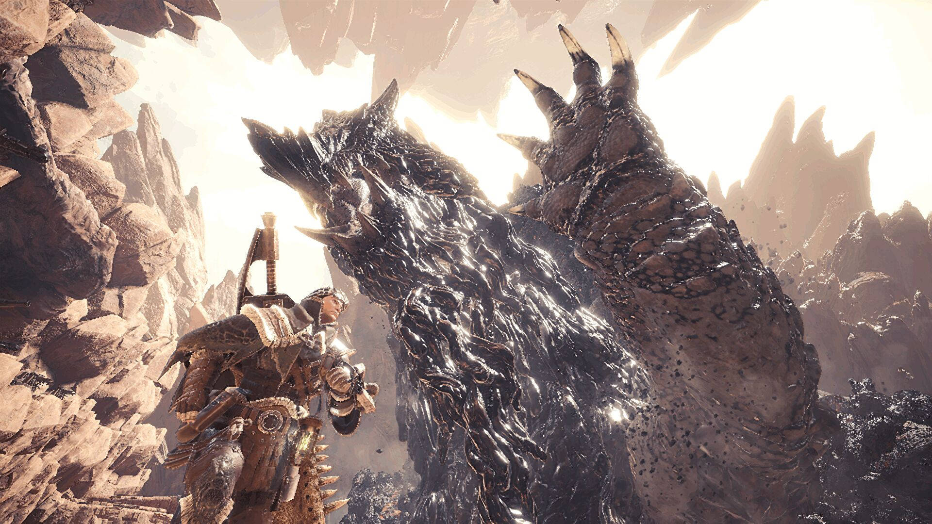 Monster Hunter World Iceborne, colossal spiked dragon, heavily armored warrior, Full HD Desktop Wallpaper