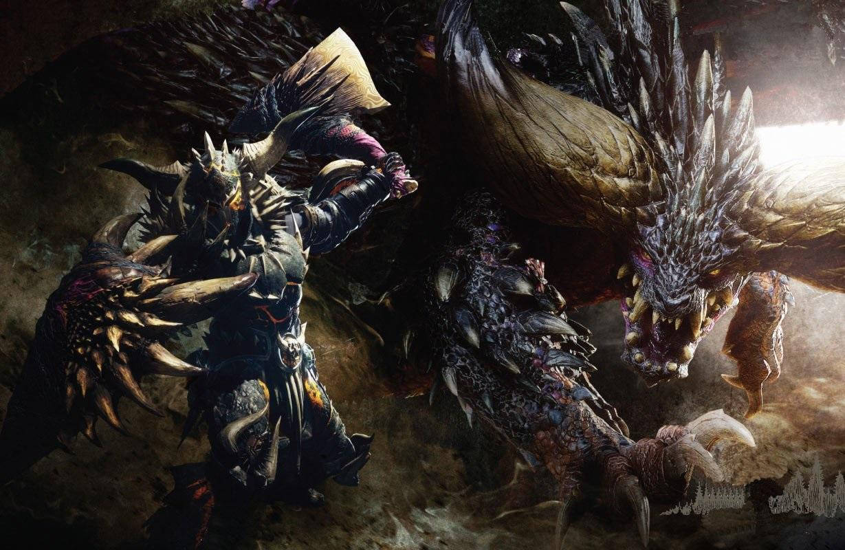 Monster Hunter World Iceborne, heavily armored hunter, massive spiky dragon, SD Desktop Wallpaper