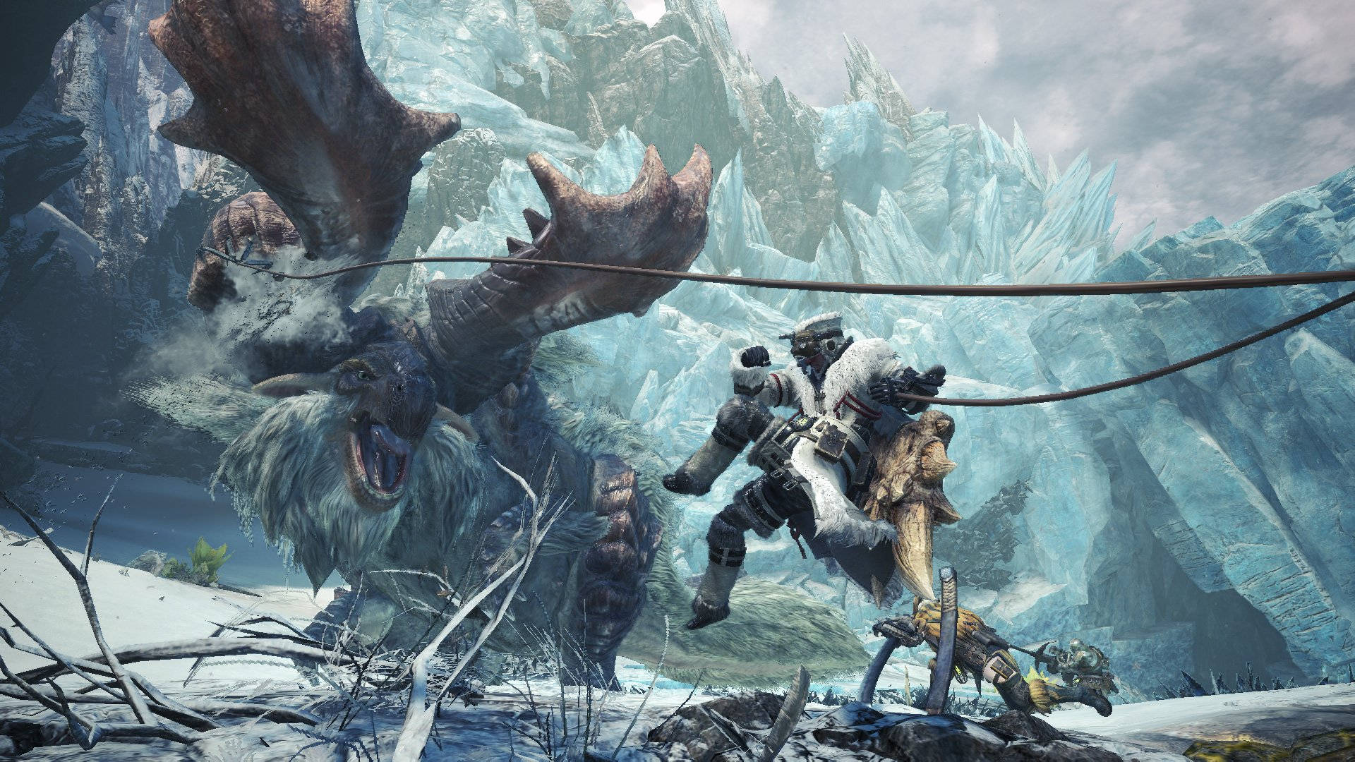Monster Hunter World: Iceborne, hunter in heavy gear, massive ice-covered monster with giant horns, Full HD Desktop Wallpaper