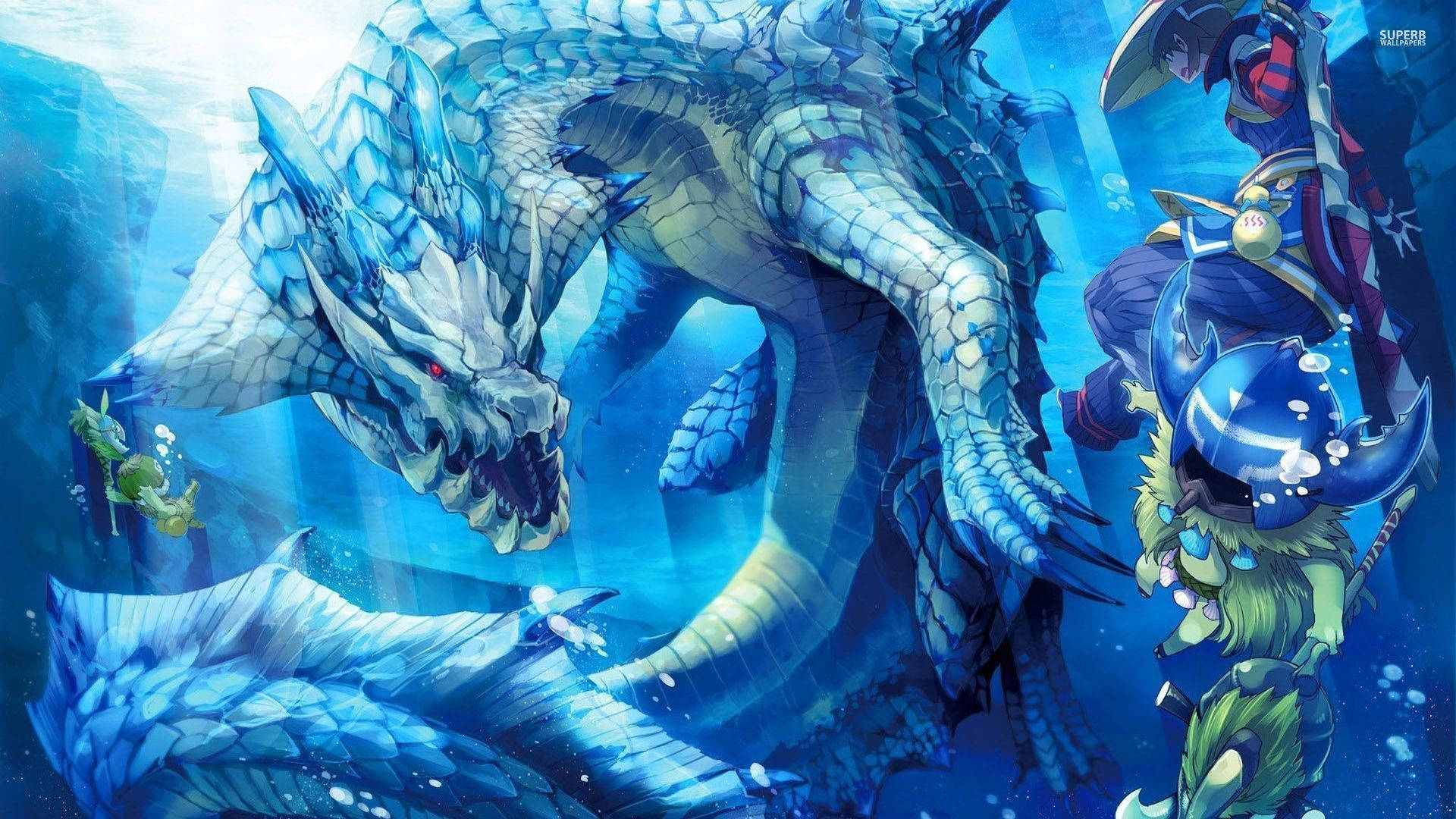 Monster Hunter World Iceborne, colossal blue-scaled dragon, glowing red eyes, Full HD Desktop Wallpaper