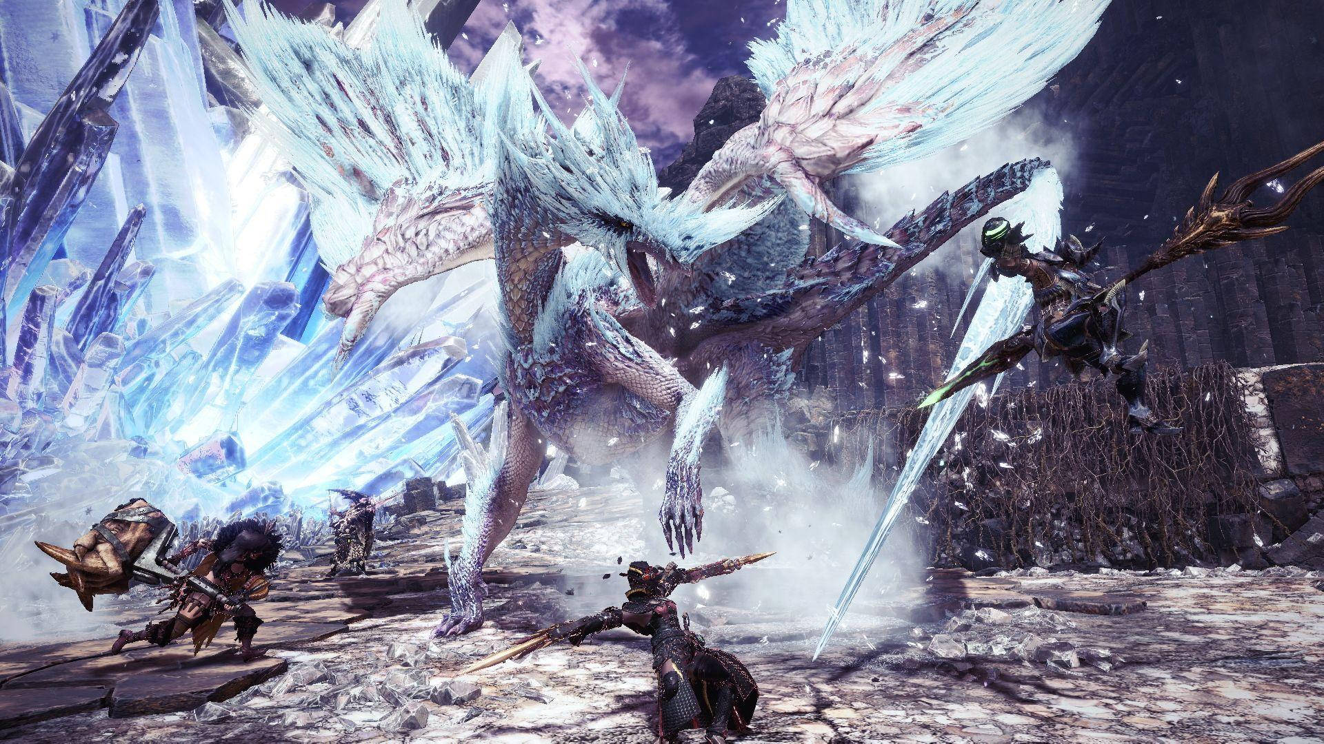Monster Hunter World Iceborne, ice-winged dragon, glowing crystal formations, Full HD Desktop Wallpaper