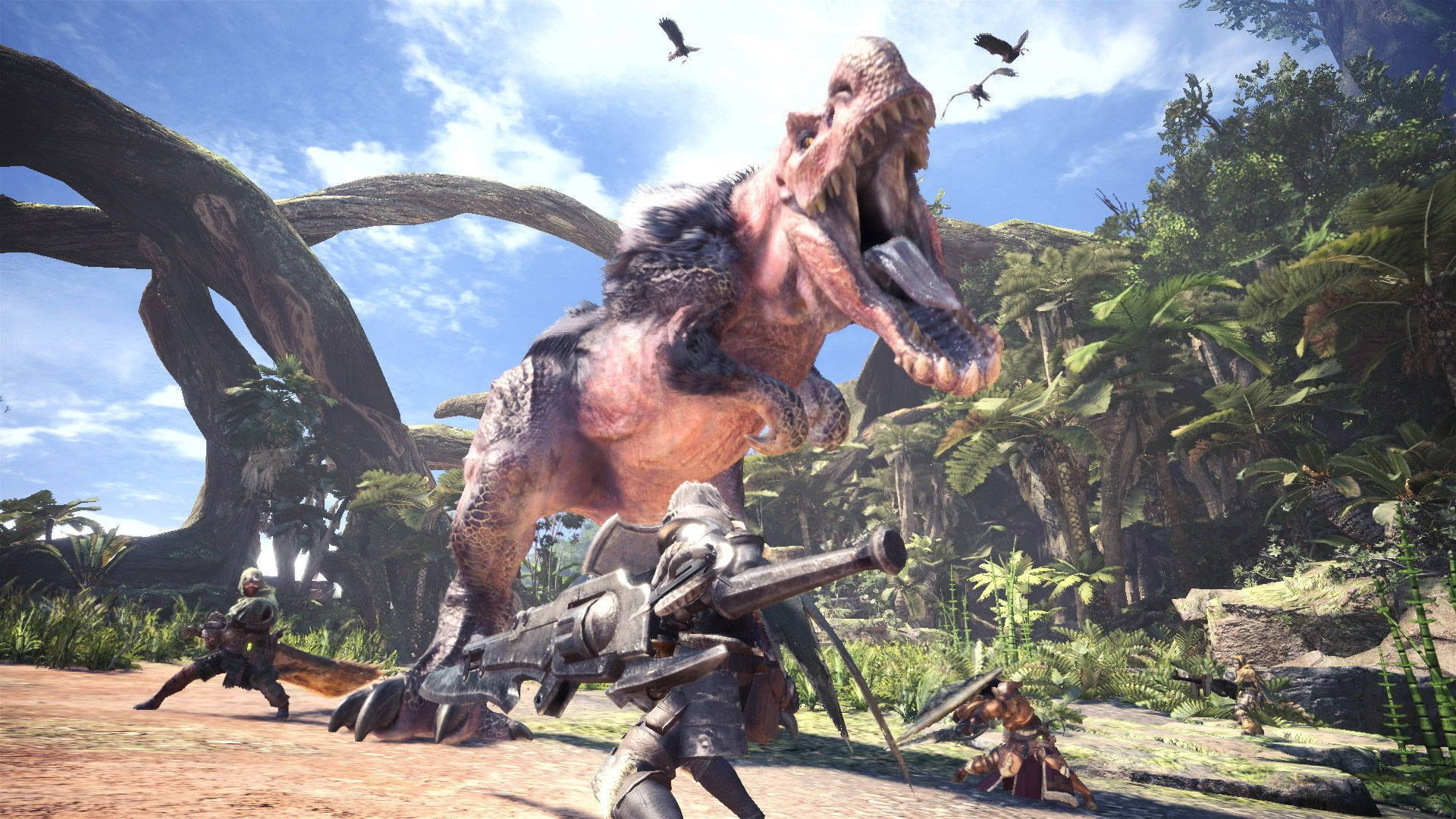Monster Hunter World, hunters, giant monstrous dinosaur, Full HD Desktop Wallpaper