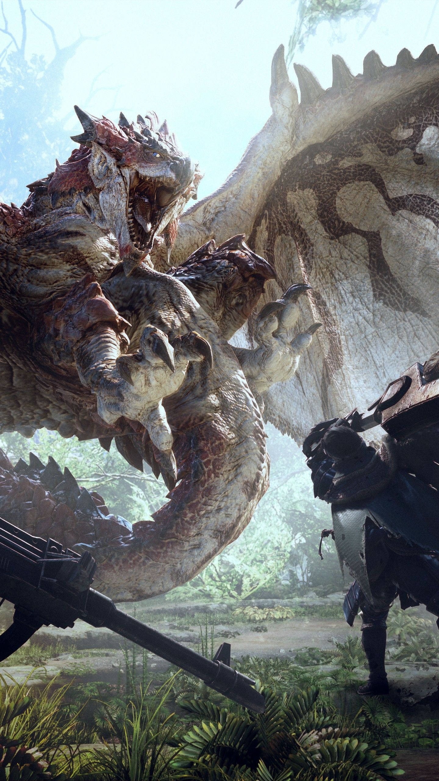 Monster Hunter World, spiked dragon, dark armor, 2K Phone Wallpaper