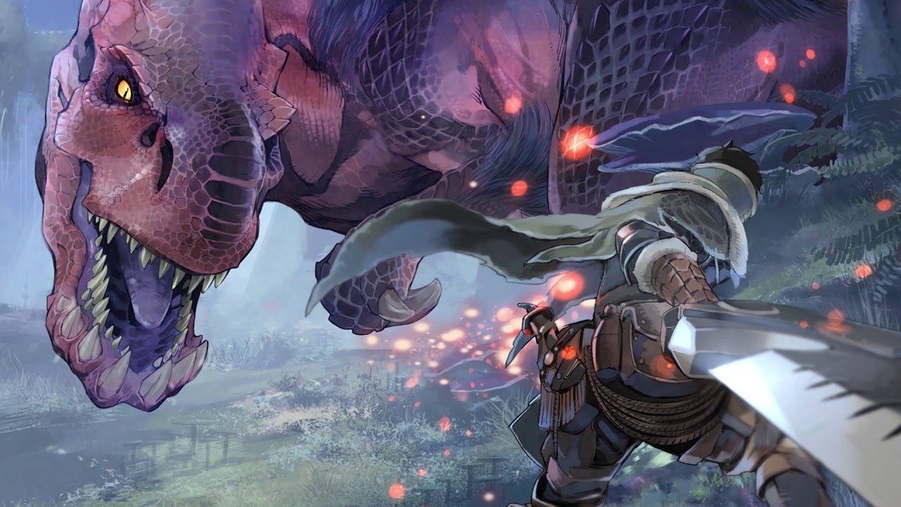 Monster Hunter World, warrior in armor, massive purple dinosaur, HD Desktop Wallpaper