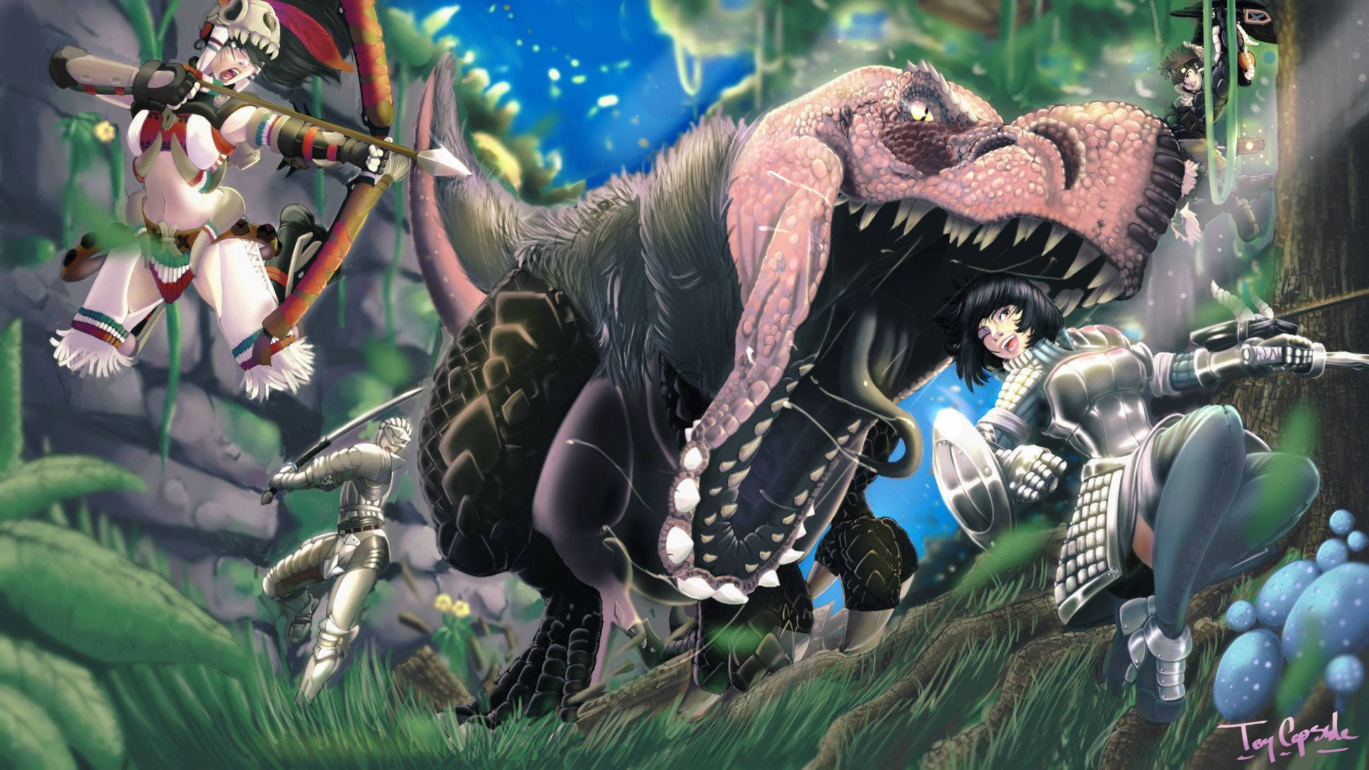 Monster Hunter World, armored hunters, massive monstrous dinosaur, Full HD Desktop Wallpaper