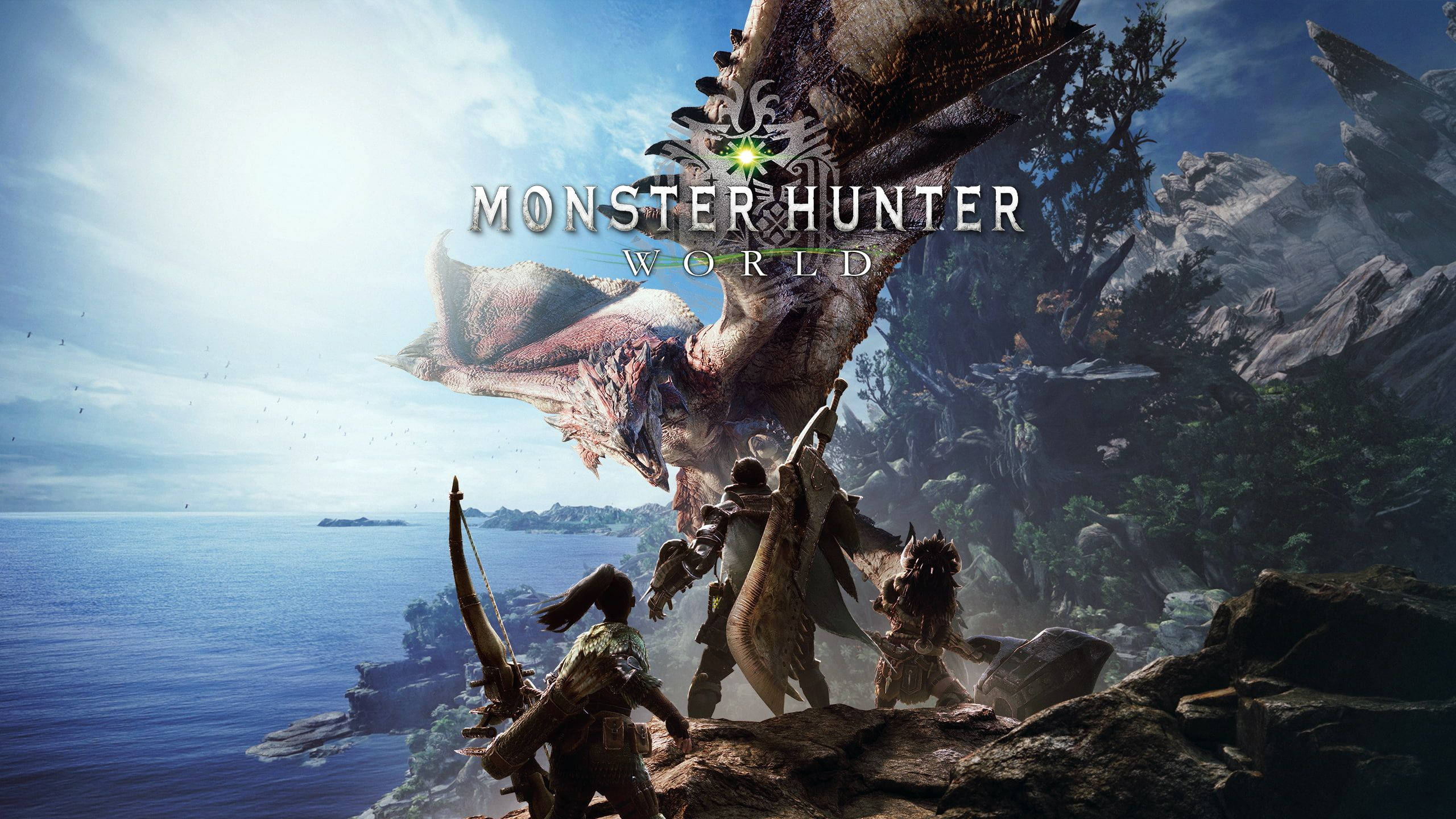 Monster Hunter World, hunting armor, massive flying monster, 2K Desktop Wallpaper