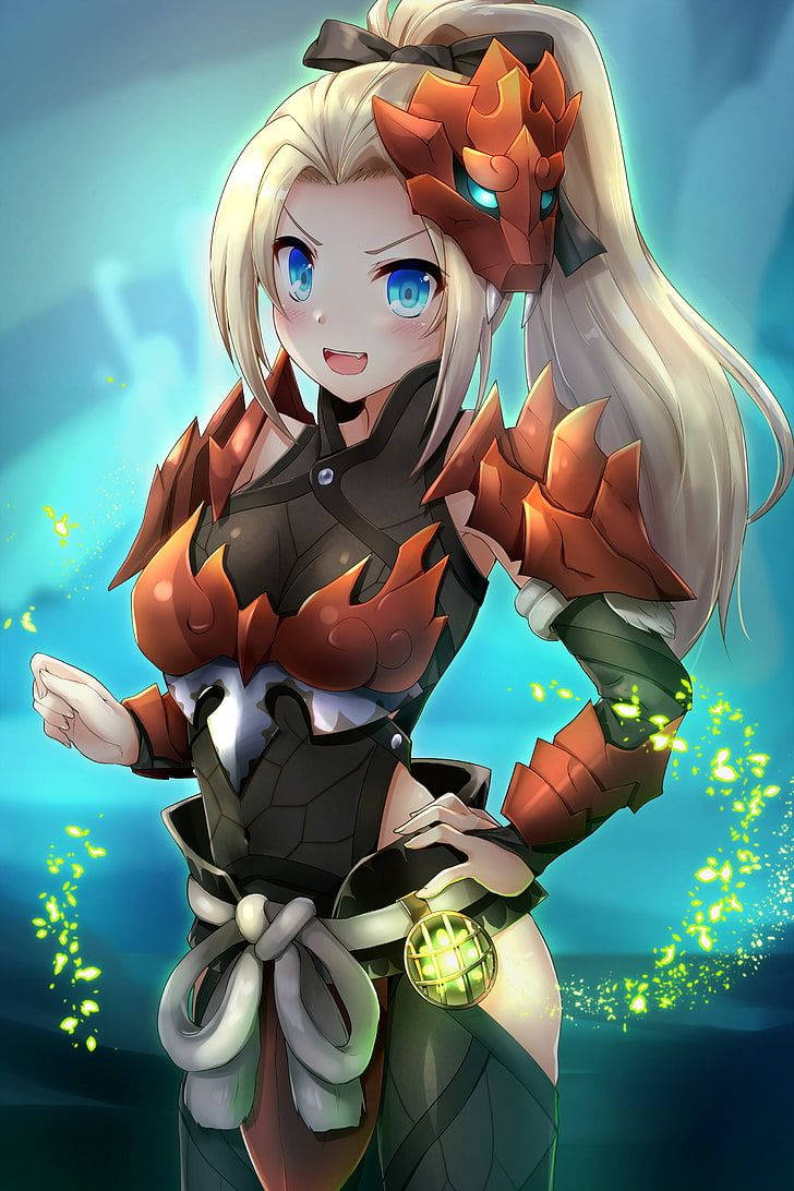 Anime Girl, Monster Hunter World, orange dragon-themed armor, SD Phone Wallpaper