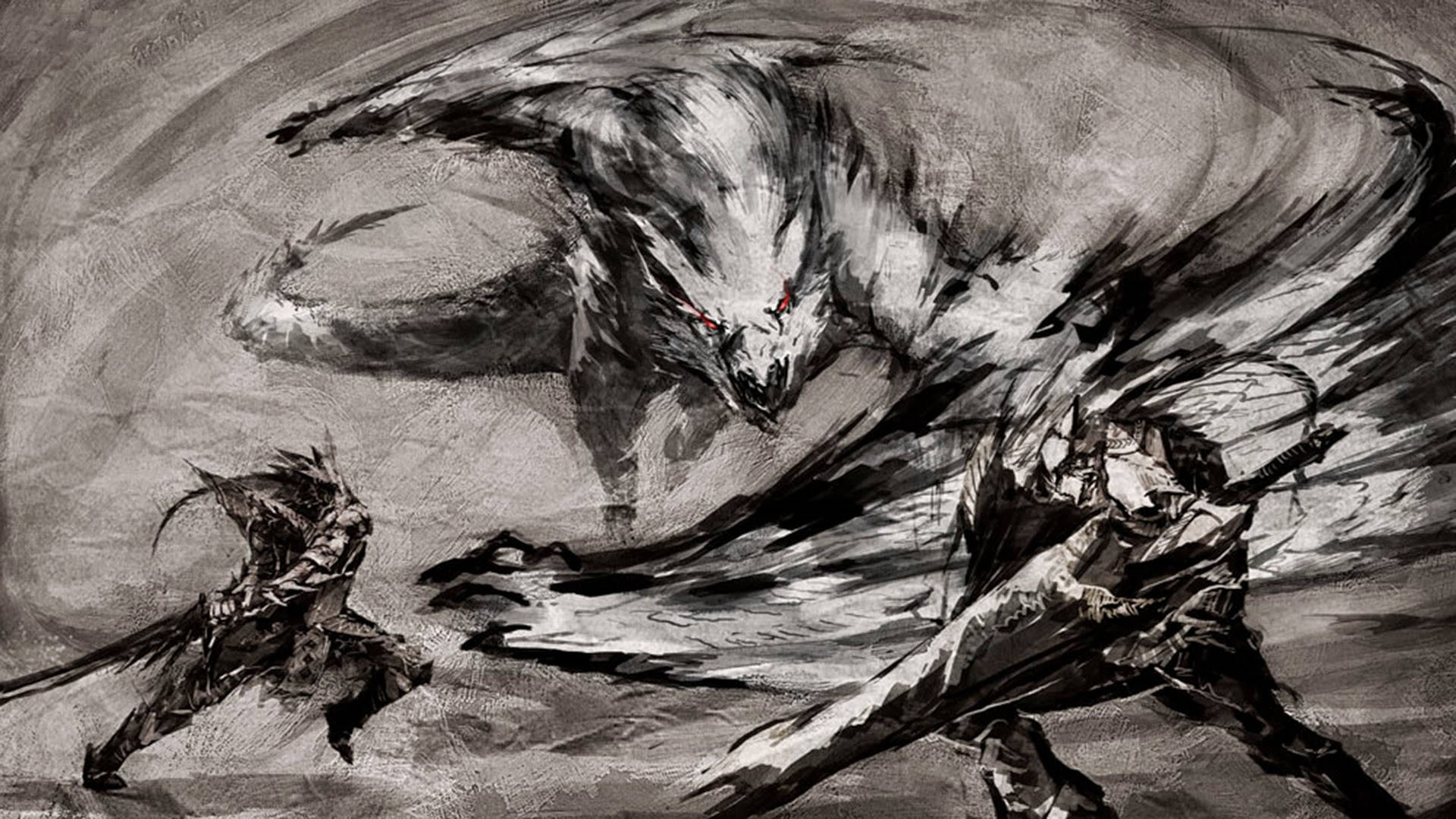 Monster Hunter, wolf-like beast, monochrome battle scene, Full HD Desktop Wallpaper