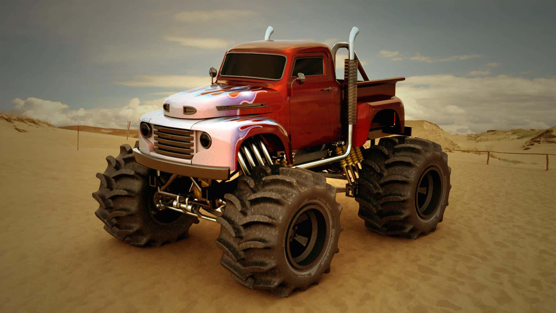 Red Monster Truck, white and blue flame, vintage monster truck, Full HD Desktop Wallpaper