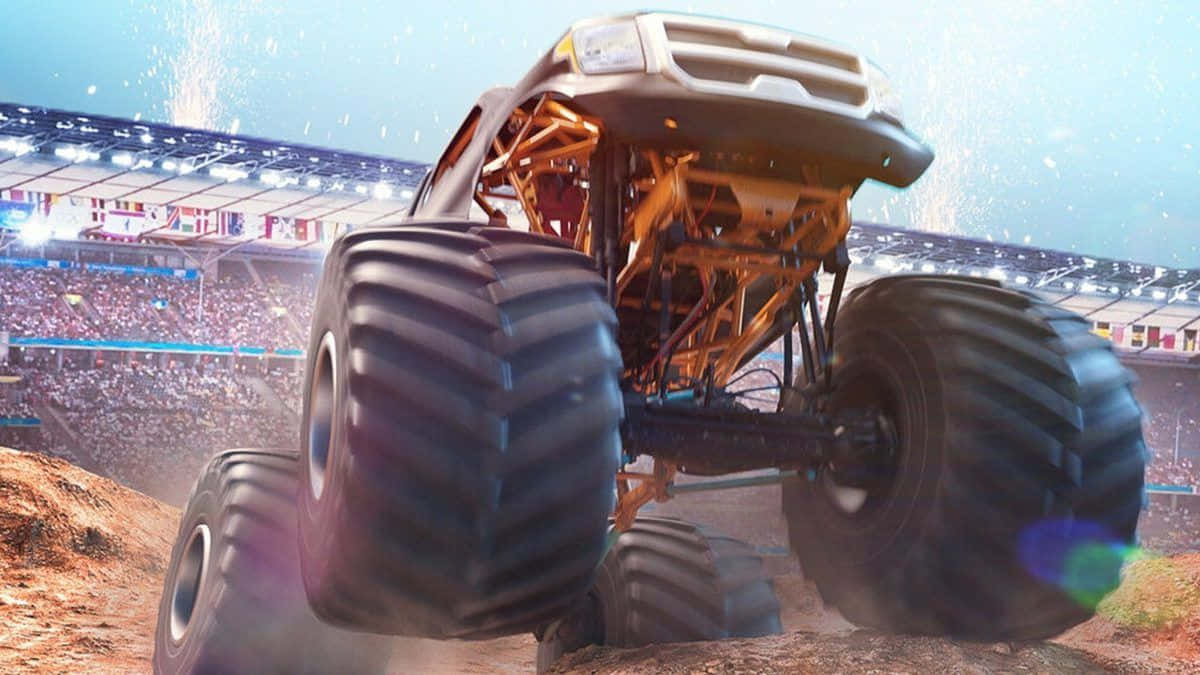 Yellow Monster Truck, giant tires, packed stadium, SD Desktop Wallpaper