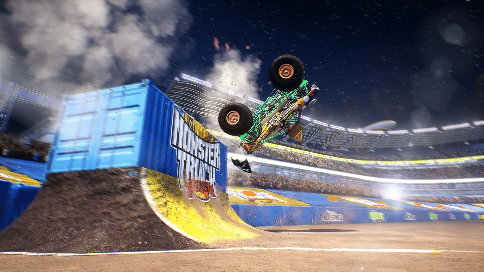 monster truck, green, blue ramp, Full HD Desktop Wallpaper