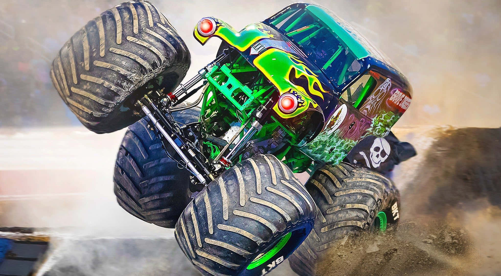 monster truck, green and black, skull decals, Full HD Desktop Wallpaper