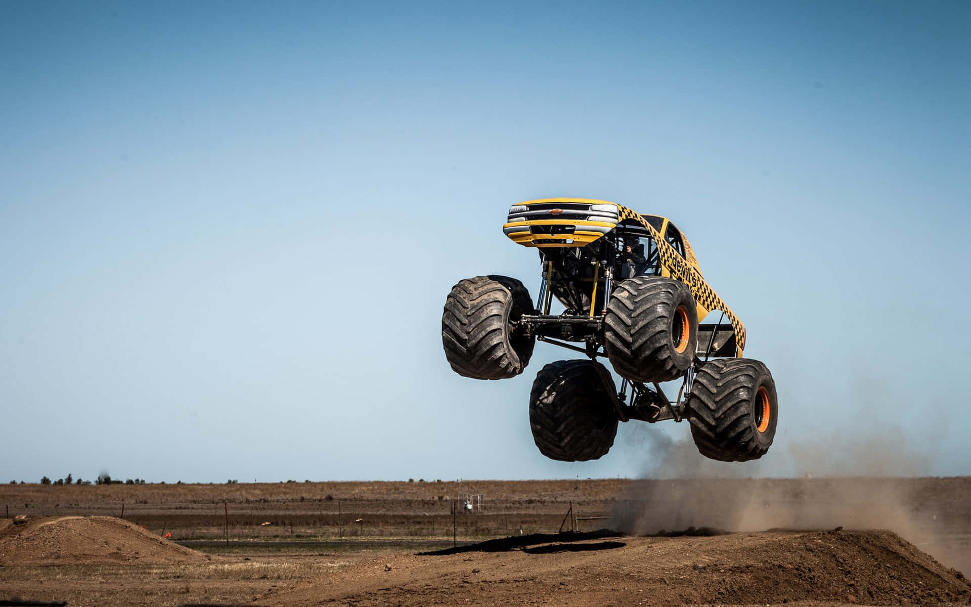 Yellow Monster Truck, dirt track, clear blue sky, Full HD Desktop Wallpaper