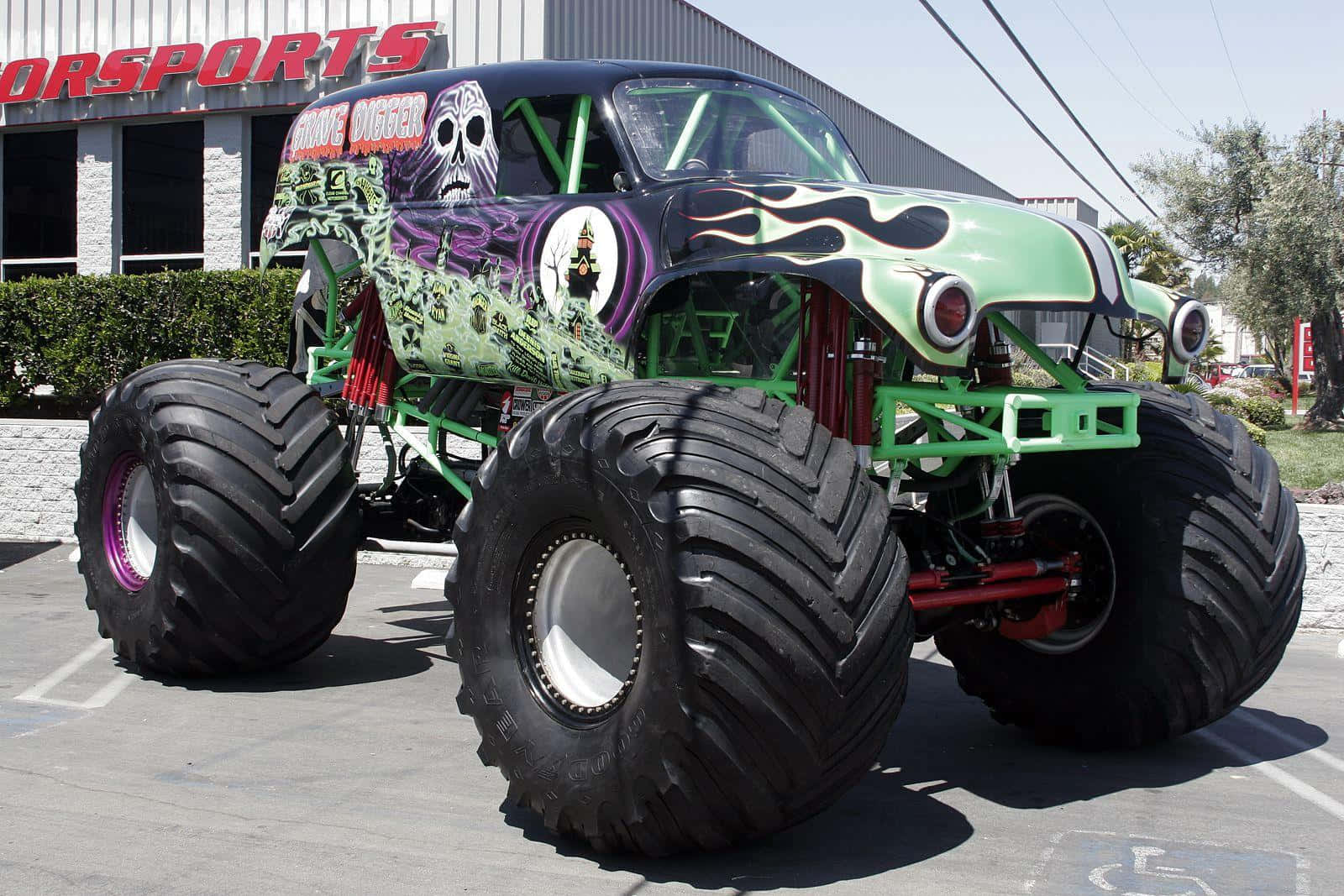 monster truck, green and purple, skull graphics, HD Desktop Wallpaper