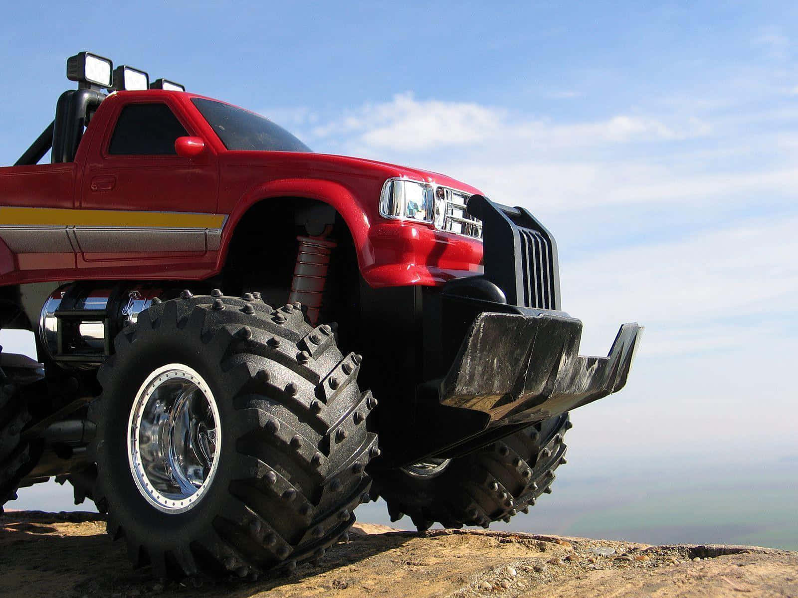 red monster truck, giant spiked tires, rocky cliff, HD Desktop Wallpaper