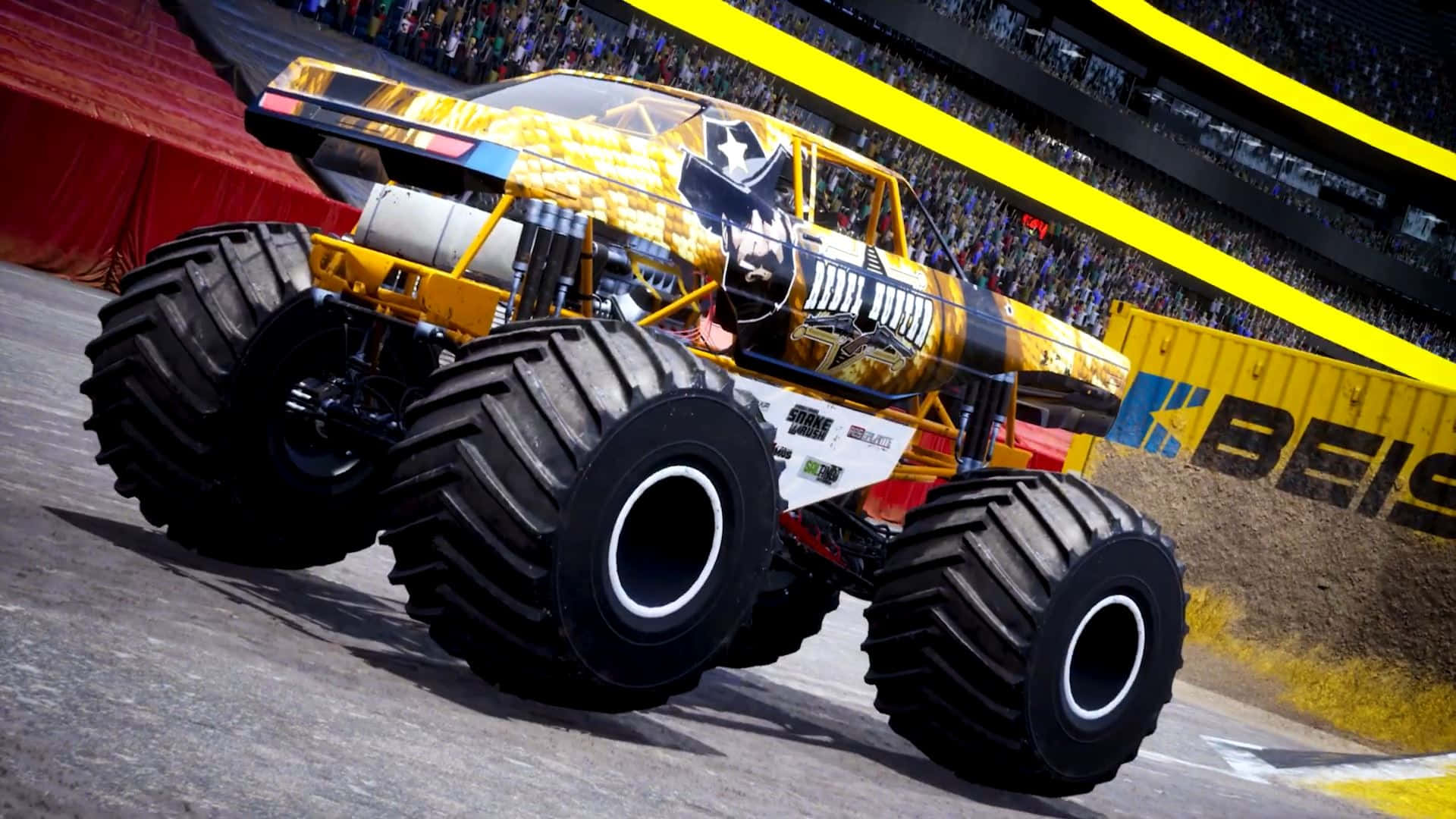 yellow and black monster truck, giant tires, stadium track, Full HD Desktop Wallpaper