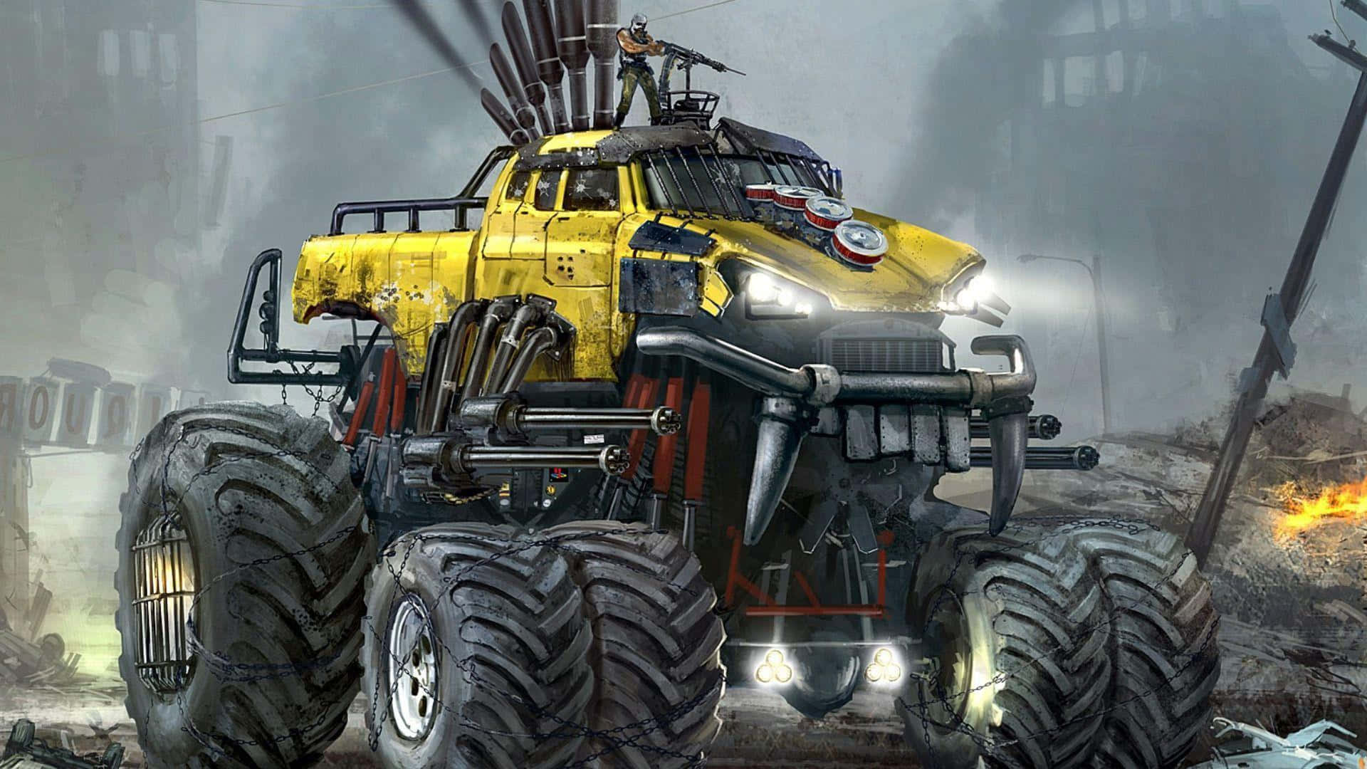 Monster Truck, yellow, giant tires, Full HD Desktop Wallpaper