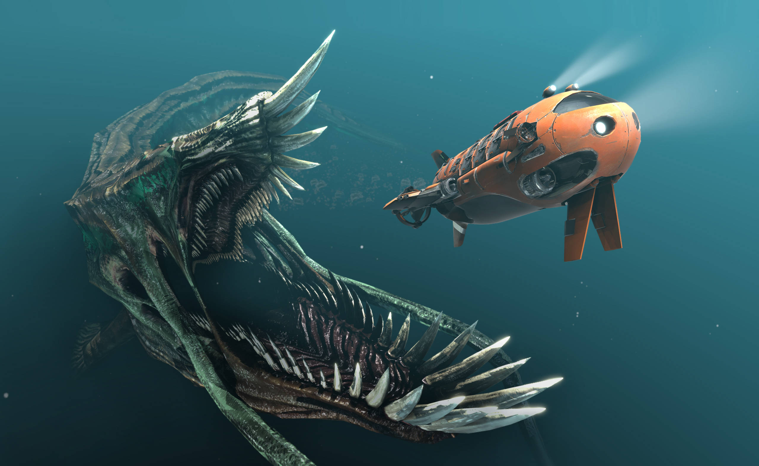 underwater sea monster, orange submersible, massive toothy sea monster, 2K Desktop Wallpaper