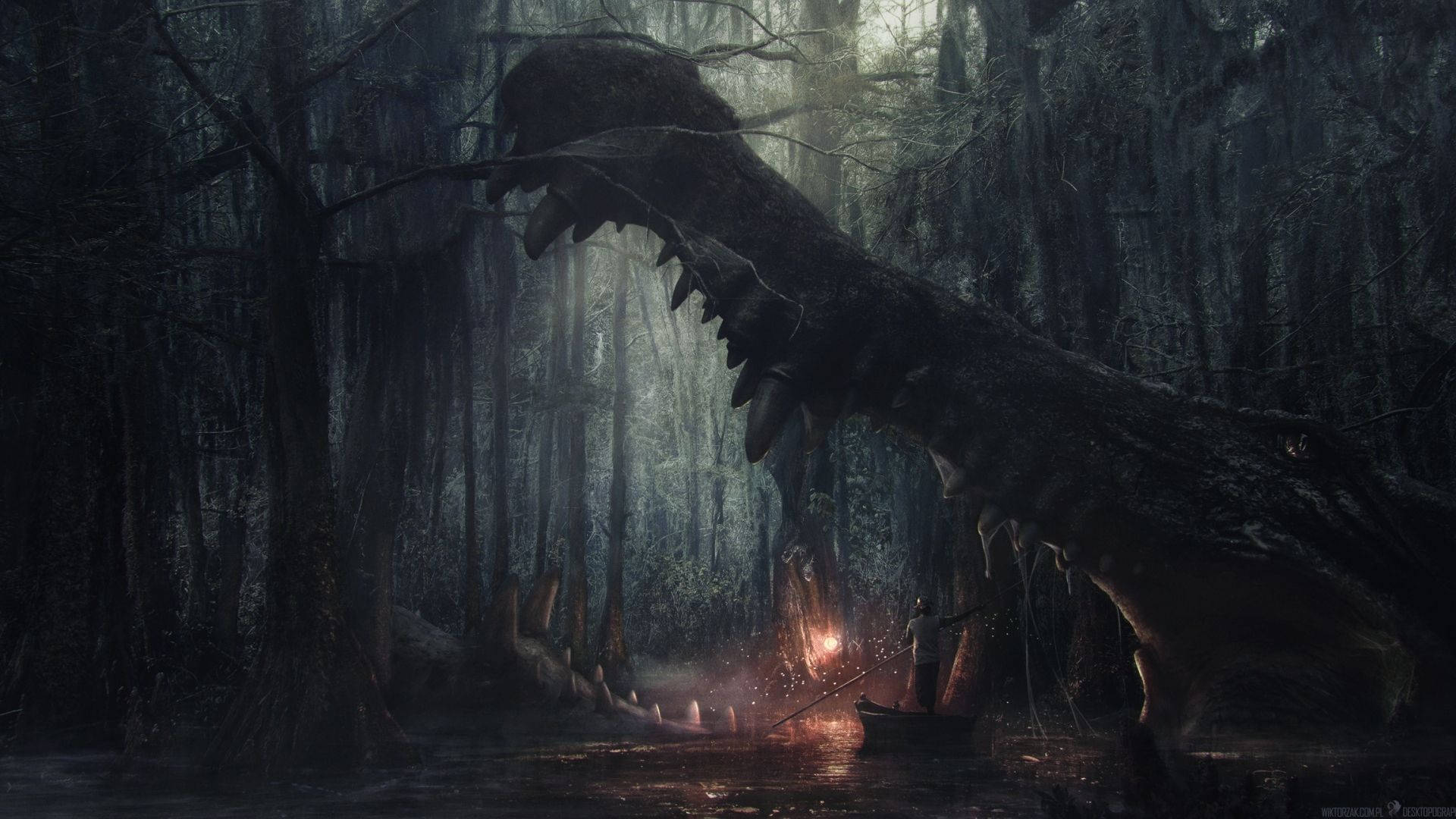 Monster In The Lake, colossal dinosaur, misty swamp, Full HD Desktop Wallpaper