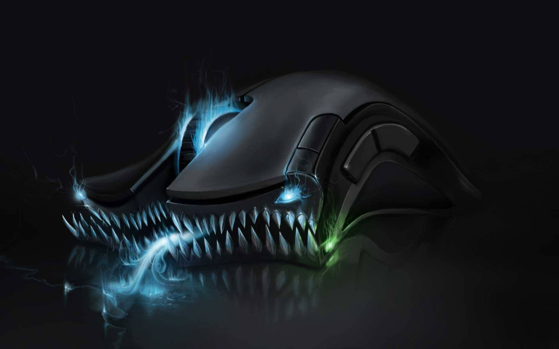 Laptop Monster Mouse, demonic creature, glowing blue and green teeth, Full HD Desktop Wallpaper