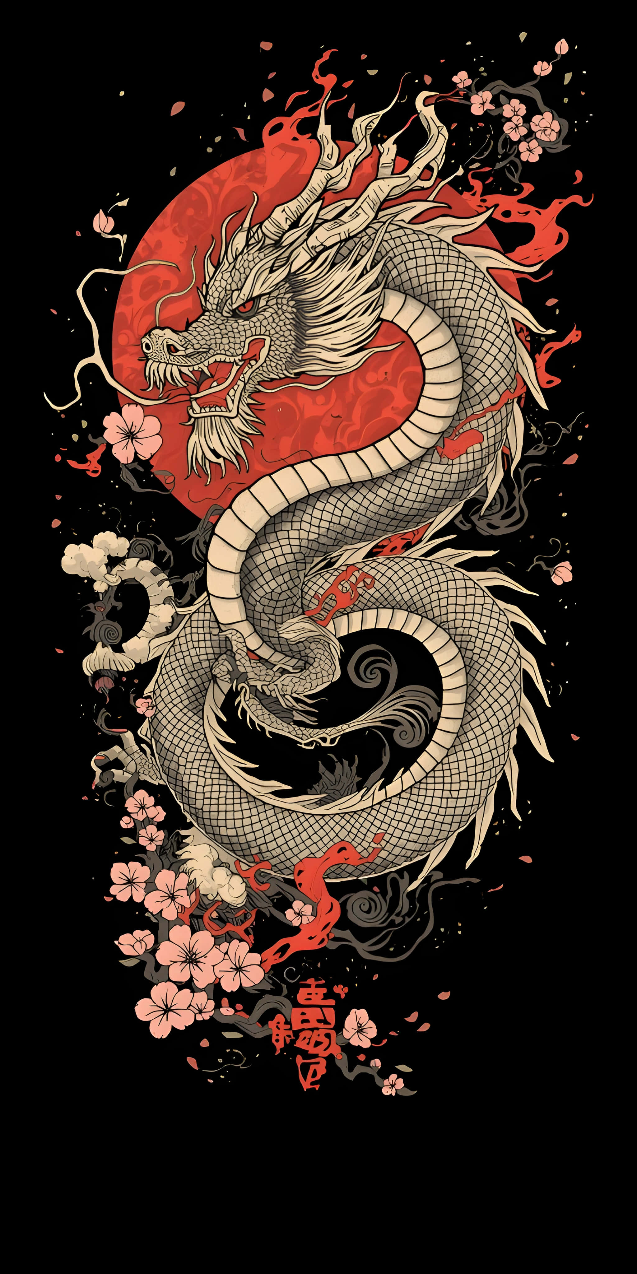 traditional dragon, white dragon, red sun, 4K Phone Wallpaper