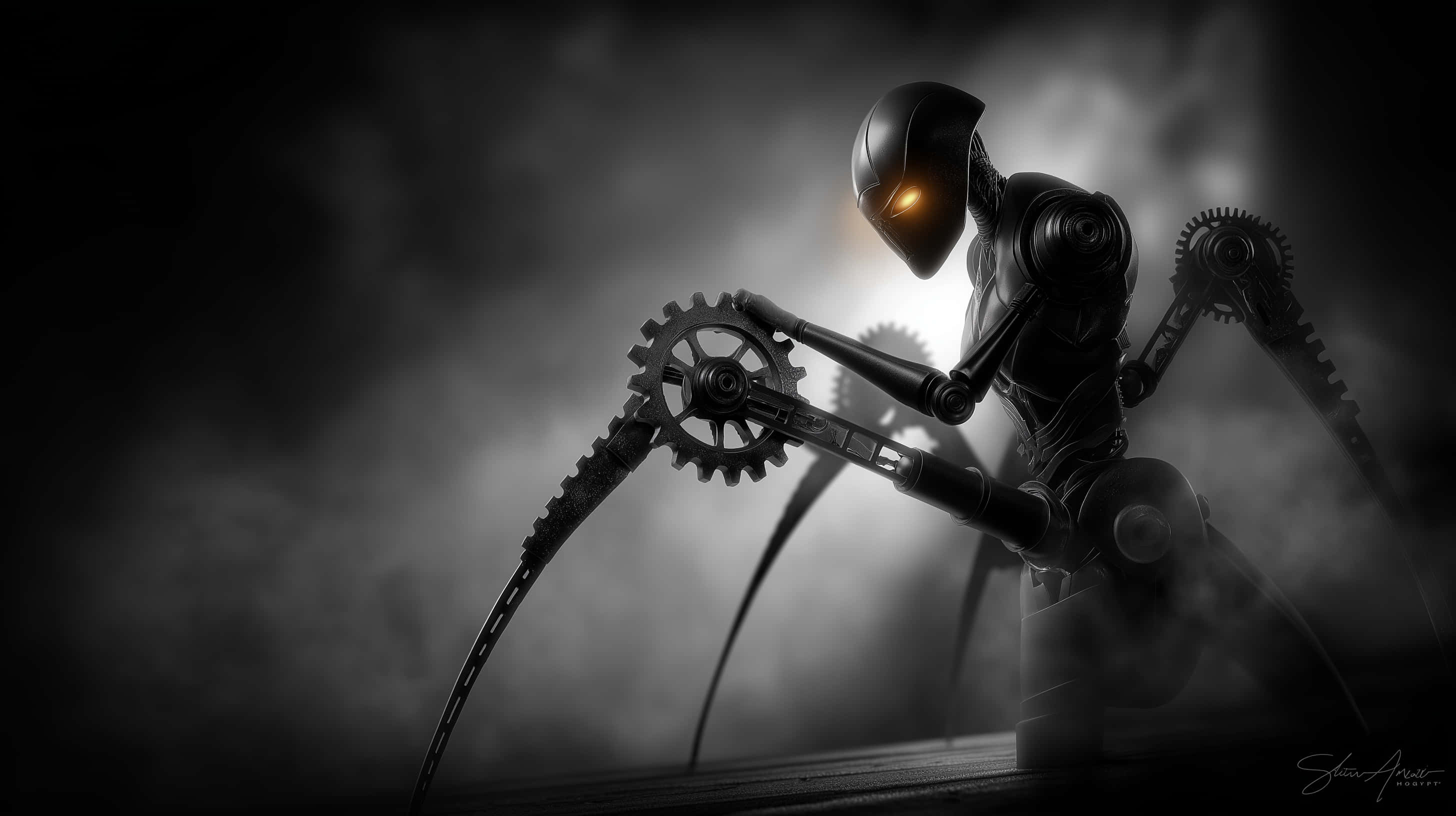 steampunk robotic figure, glowing orange eyes, gear arms, 2K Desktop Wallpaper