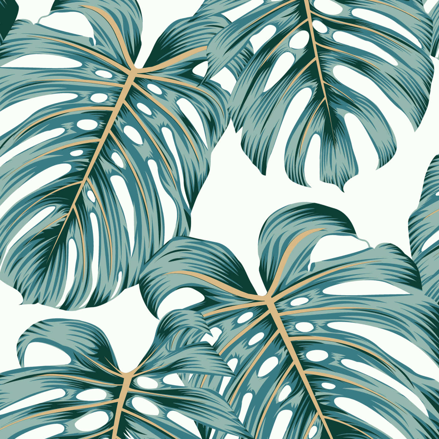 monstera leaf, teal, gold veins, HD Desktop Wallpaper
