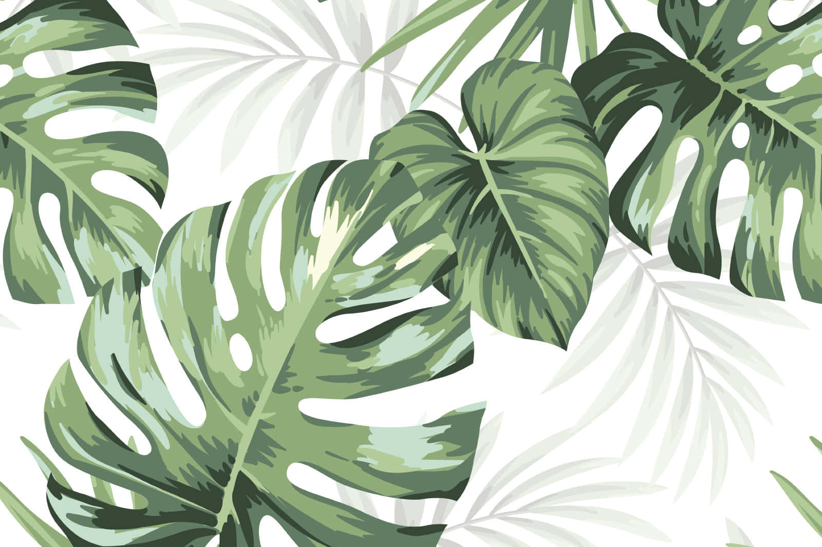 Monstera Leaves, tropical digital painting, vibrant green, HD Desktop Wallpaper