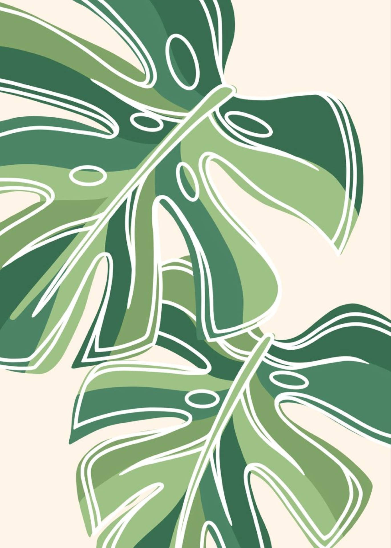 Monstera leaves, layered green tones, bold white outlines, Full HD Phone Wallpaper