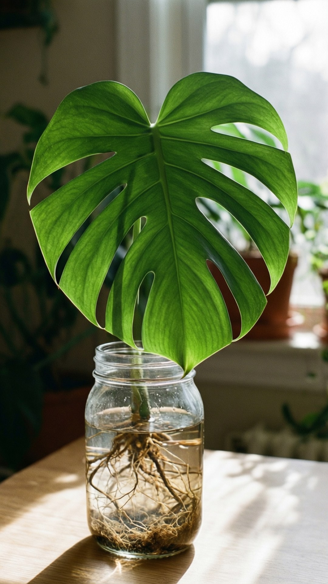 Monstera, glass jar, water, Full HD Phone Wallpaper