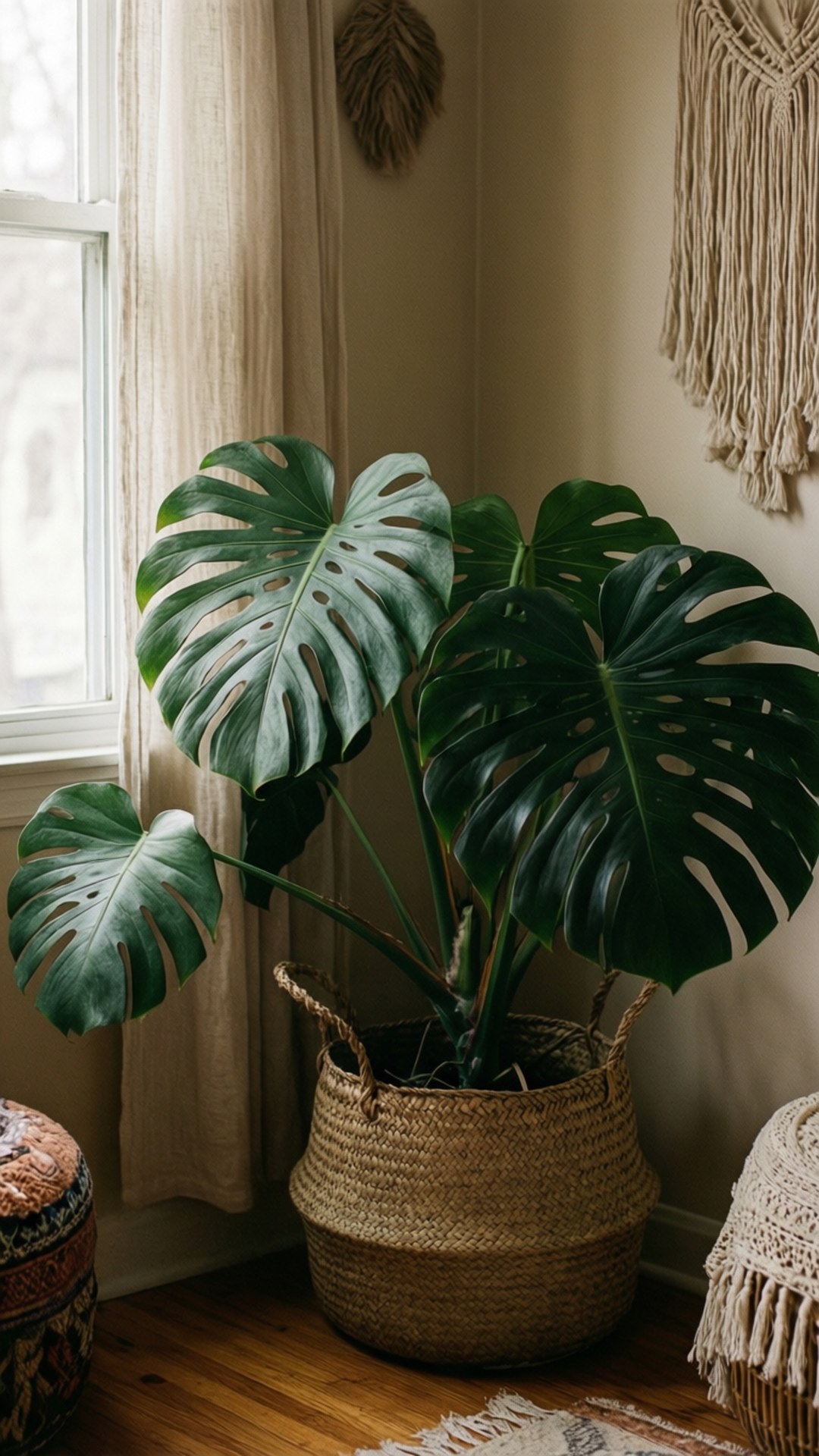 monstera, deep green perforated leaves, woven basket, Full HD Phone Wallpaper