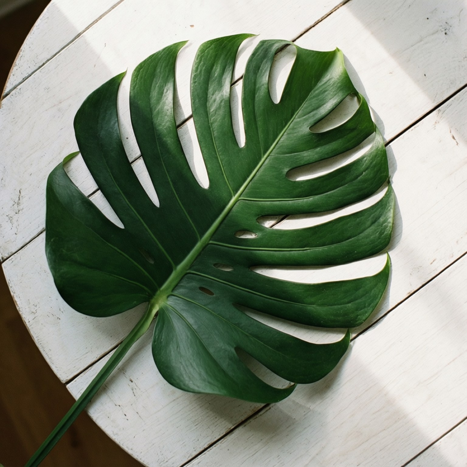 monstera leaf, glossy, white wooden surface, HD Desktop Wallpaper