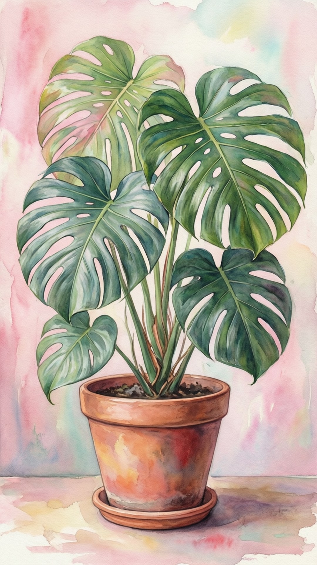 watercolor, monstera, terracotta, Full HD Phone Wallpaper