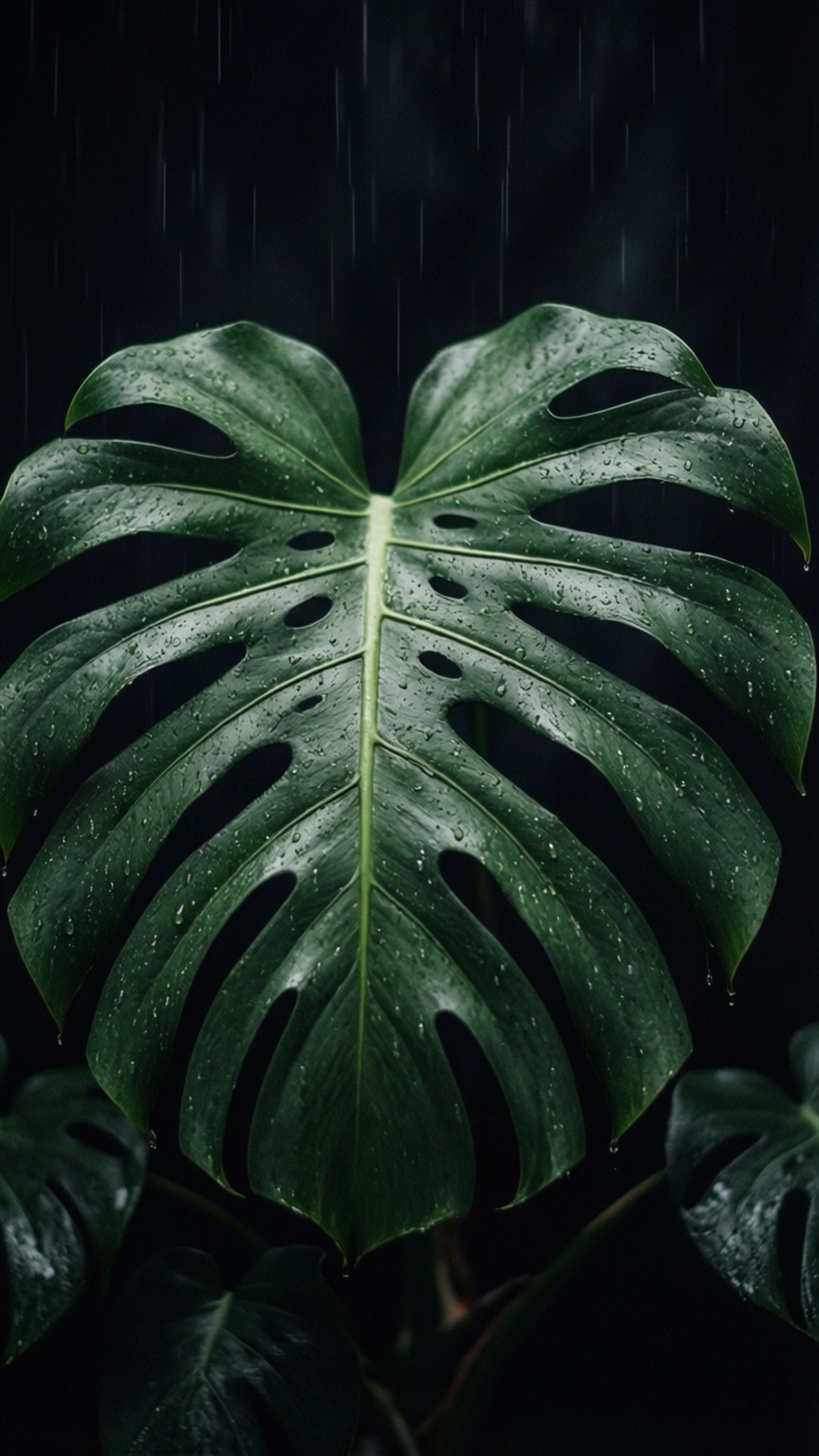 Monstera, raindrops, dark background, Full HD Phone Wallpaper